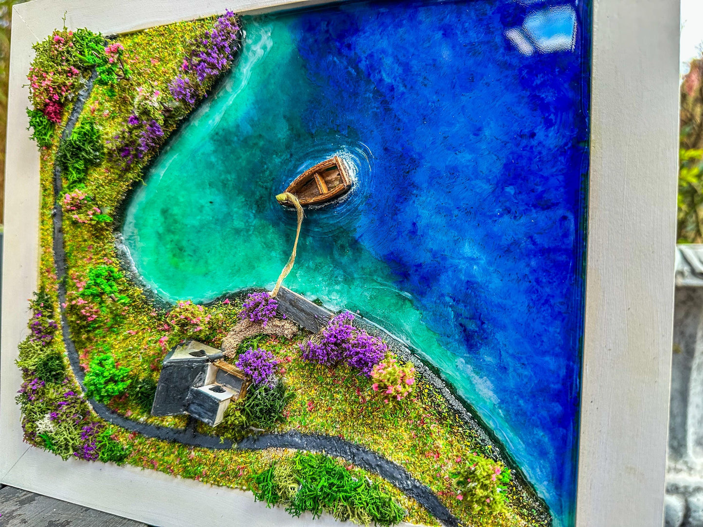 Moss Wall Art: Resin Ocean Island Diorama with Miniature House & Boat mossartbyrishstudio