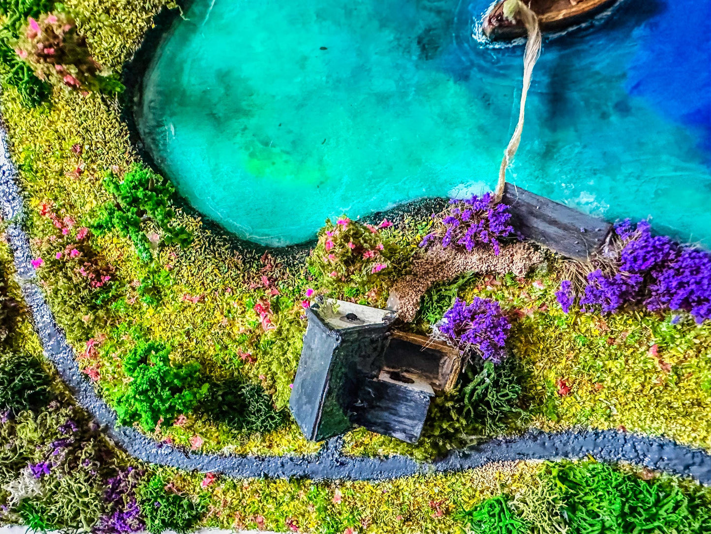 Moss Wall Art: Resin Ocean Island Diorama with Miniature House & Boat mossartbyrishstudio