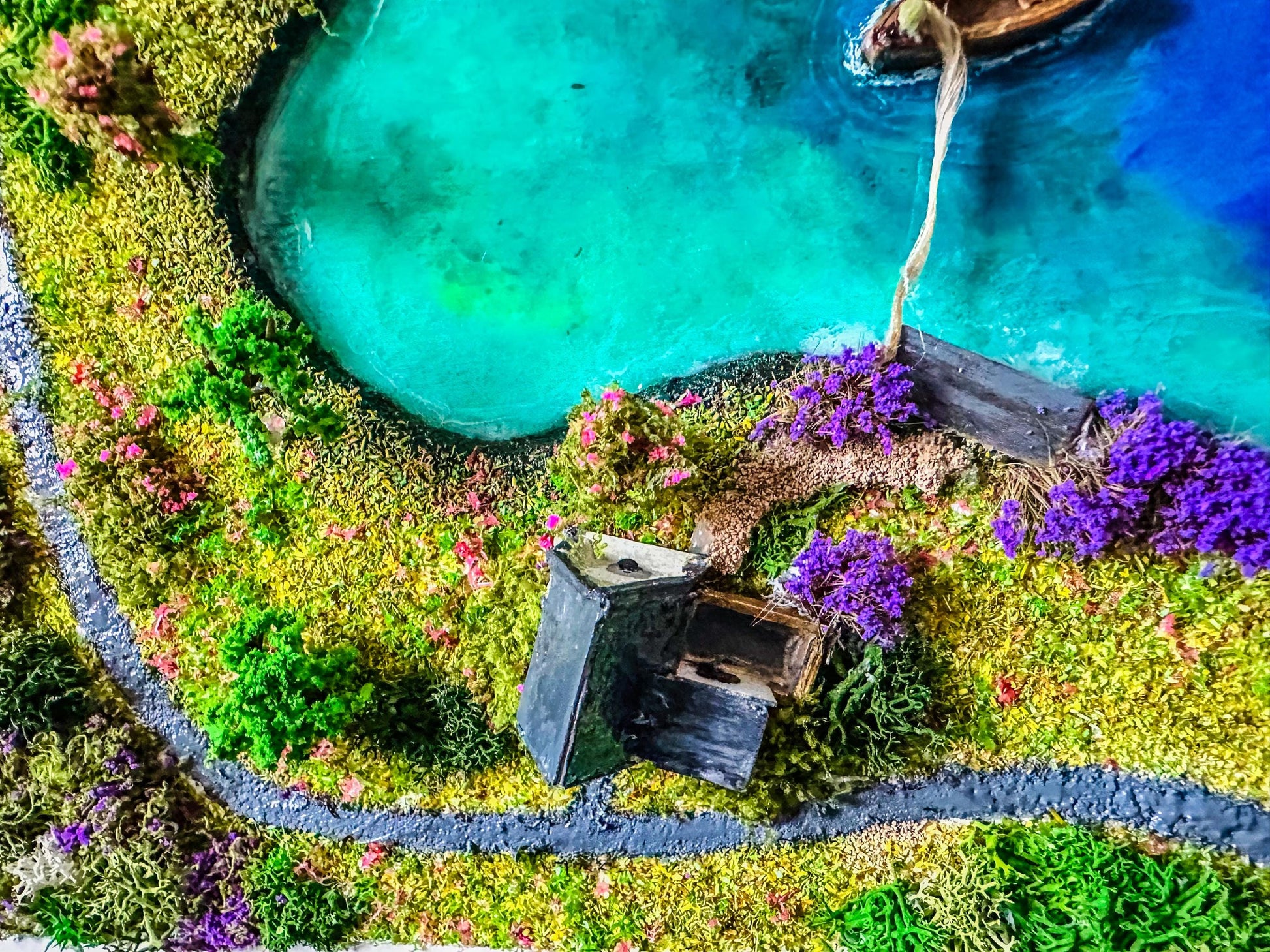 Moss Wall Art: Resin Ocean Island Diorama with Miniature House & Boat mossartbyrishstudio