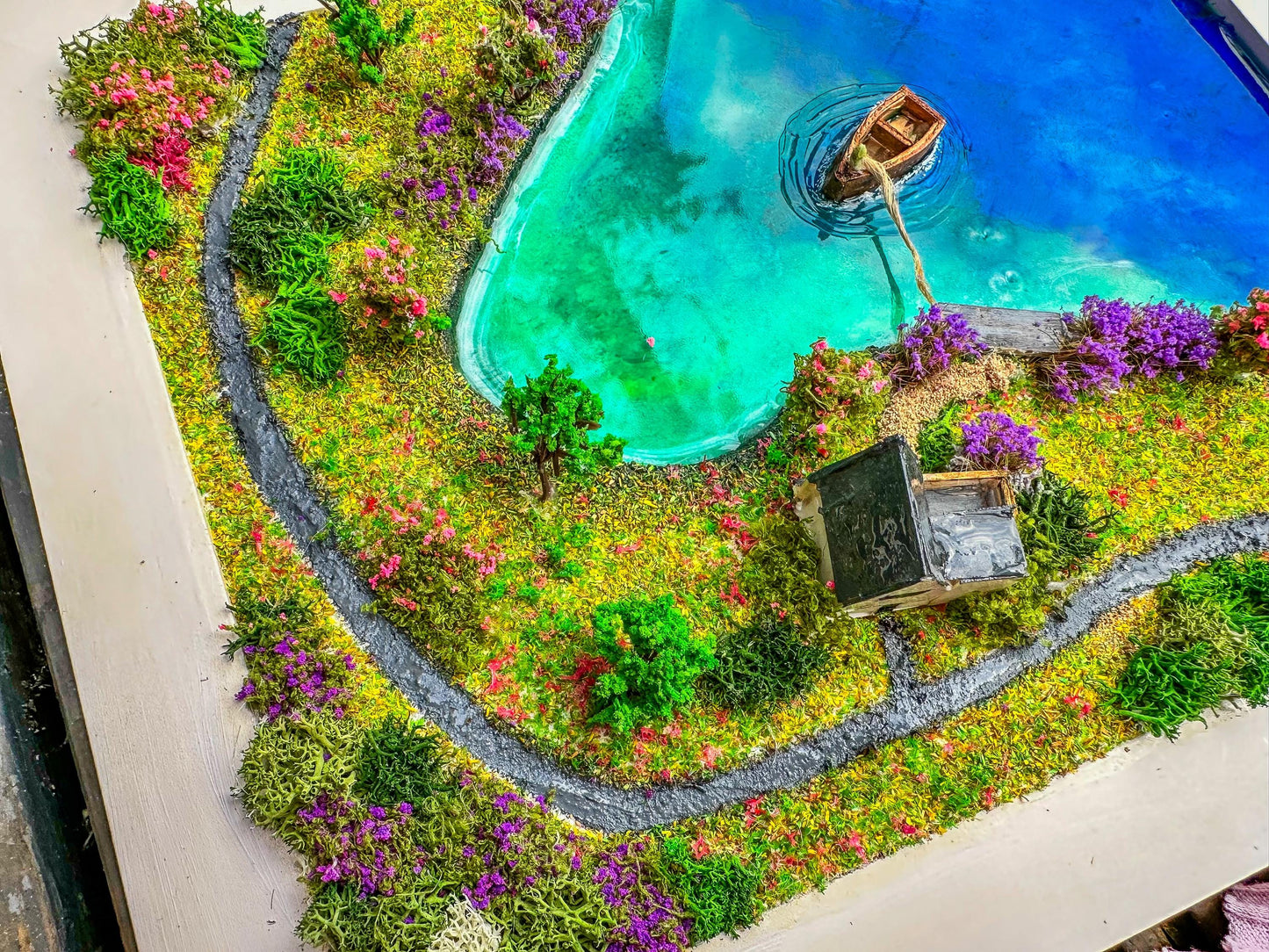 Moss Wall Art: Resin Ocean Island Diorama with Miniature House & Boat mossartbyrishstudio