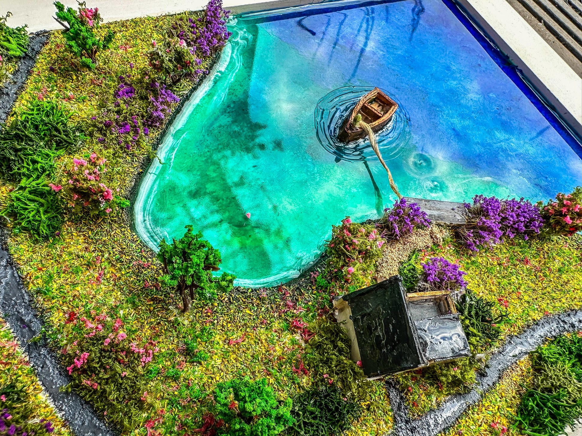 Moss Wall Art: Resin Ocean Island Diorama with Miniature House & Boat mossartbyrishstudio