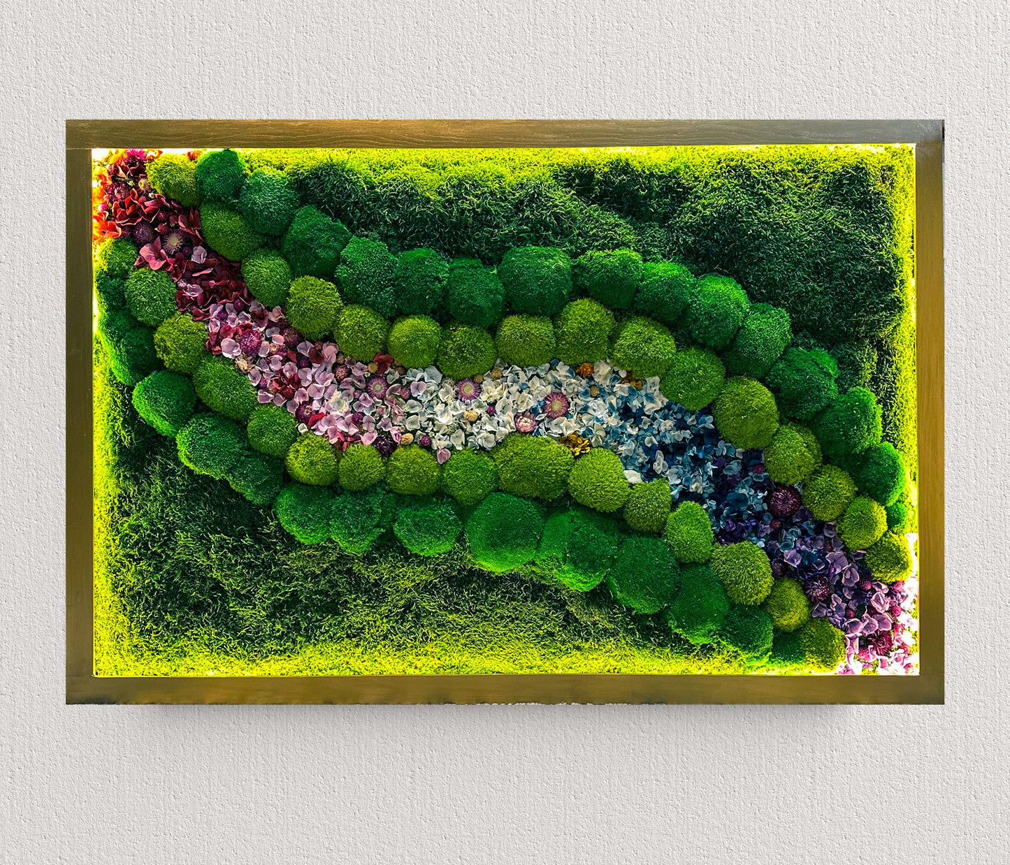 Preserved Moss Wall Art with LED Lights and Flowers: Wood Frame Colourful Natural Moss Painting, mossartbyrishstudio