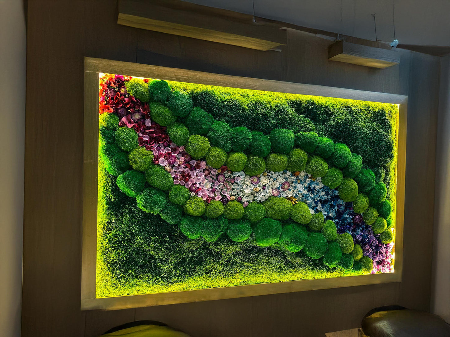 Preserved Moss Wall Art with LED Lights and Flowers: Wood Frame Colourful Natural Moss Painting, mossartbyrishstudio