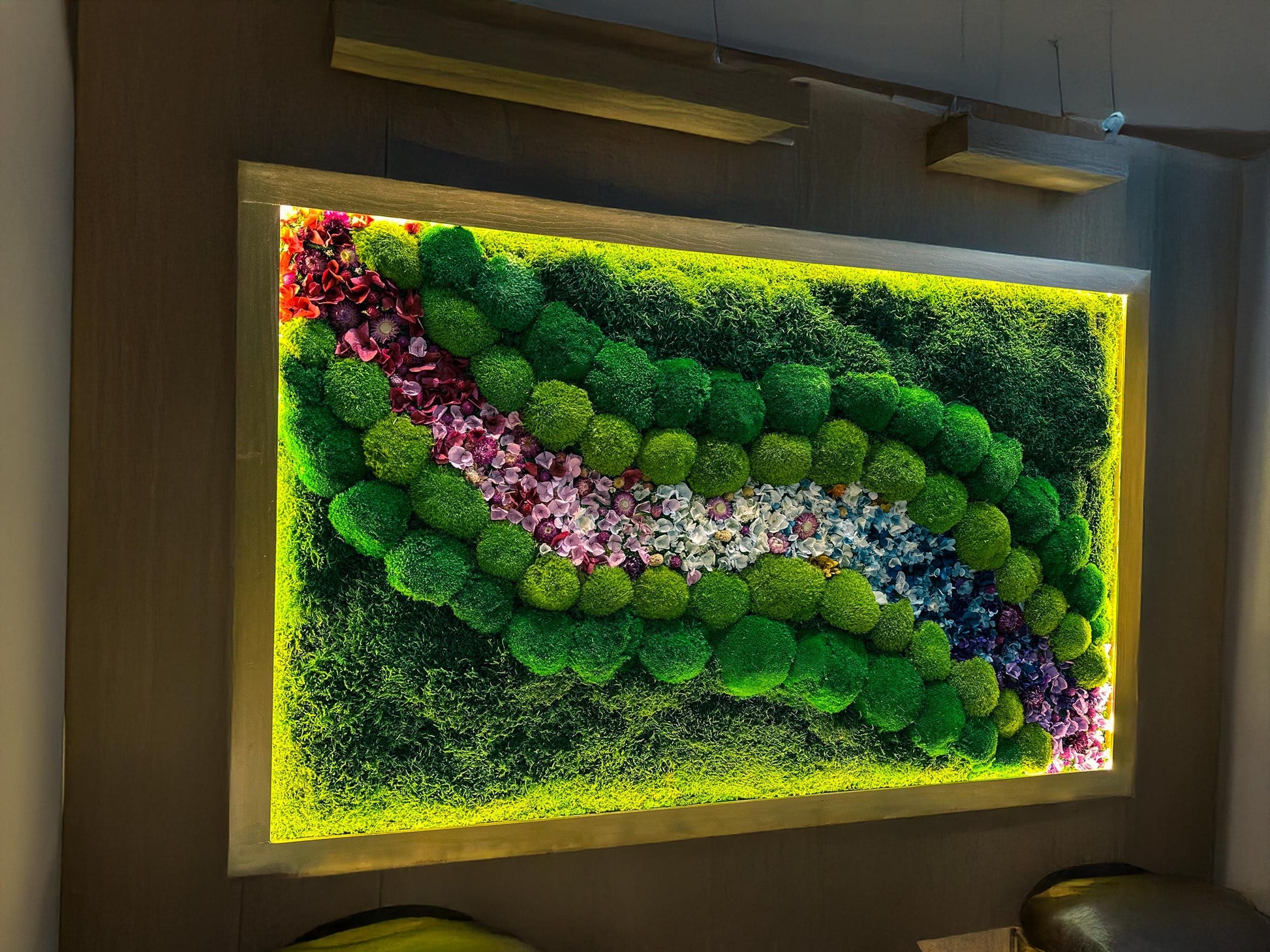Preserved Moss Wall Art with LED Lights and Flowers: Wood Frame Colourful Natural Moss Painting, mossartbyrishstudio