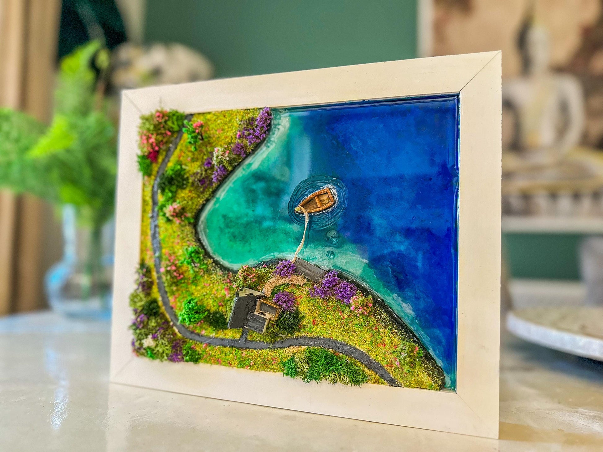 Moss Wall Art: Resin Ocean Island Diorama with Miniature House & Boat mossartbyrishstudio