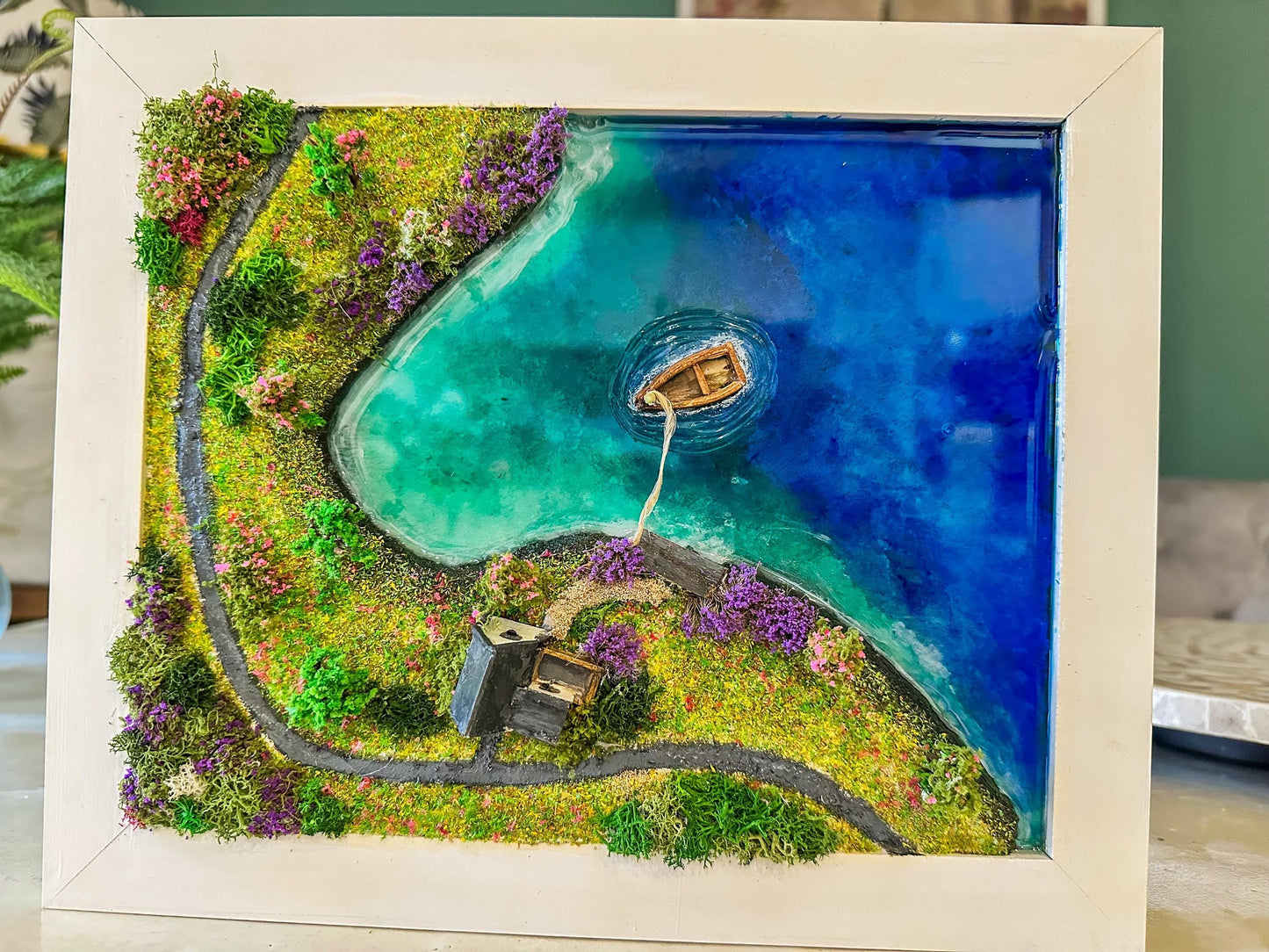 Moss Wall Art: Resin Ocean Island Diorama with Miniature House & Boat mossartbyrishstudio