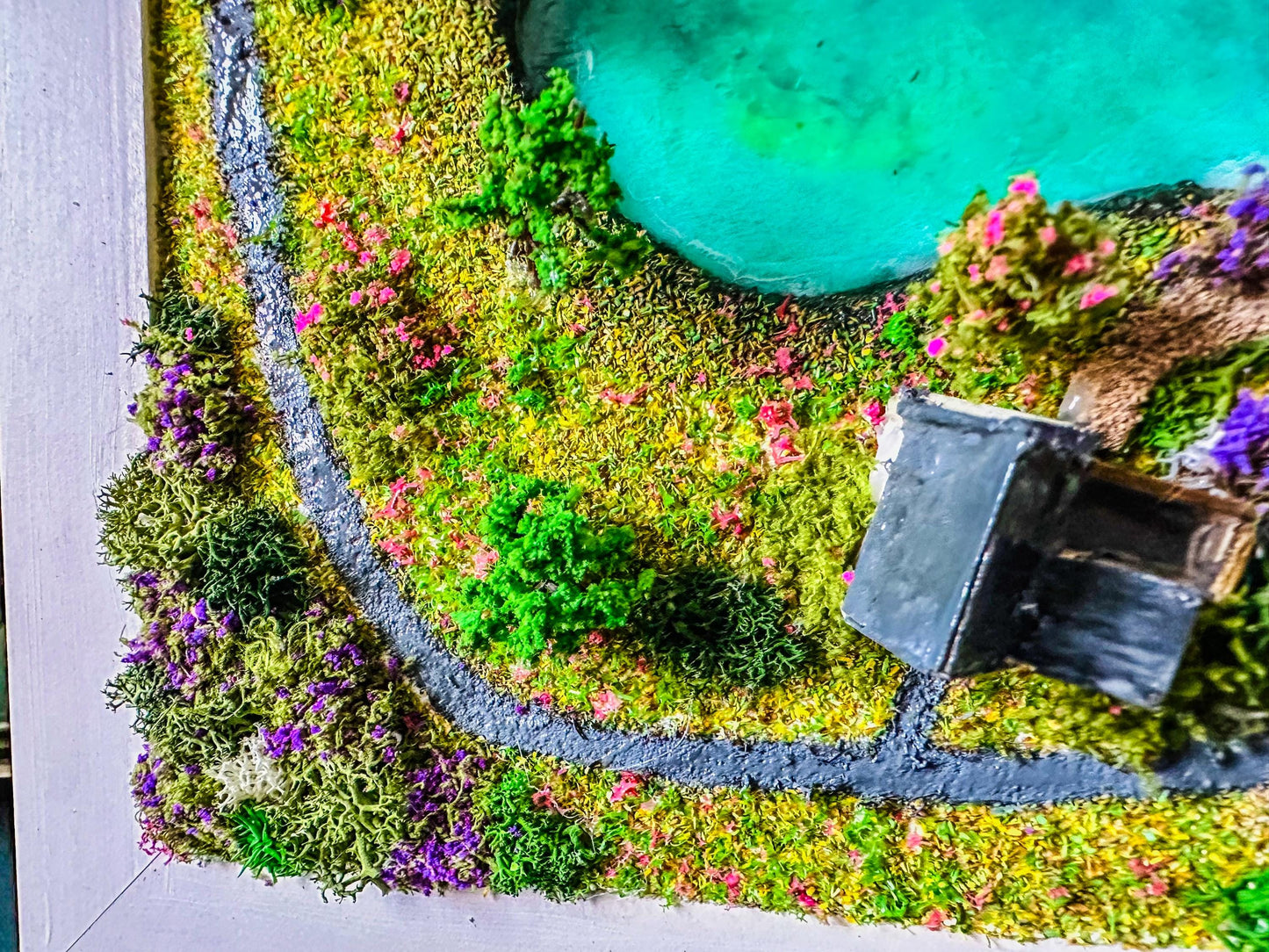 Moss Wall Art: Resin Ocean Island Diorama with Miniature House & Boat mossartbyrishstudio