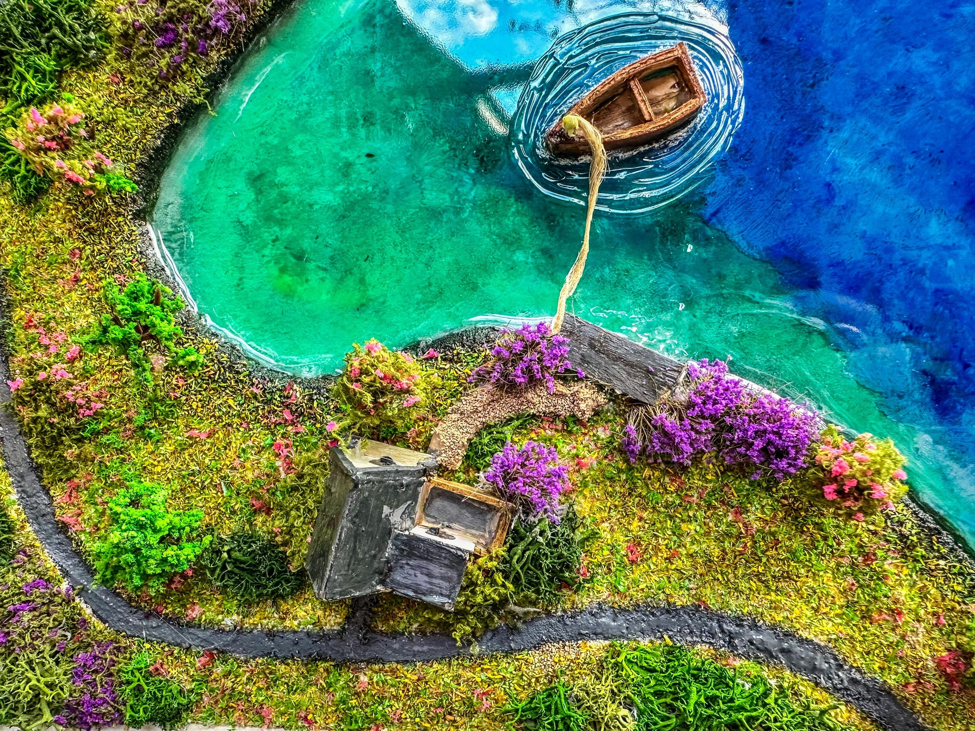 Moss Wall Art: Resin Ocean Island Diorama with Miniature House & Boat mossartbyrishstudio