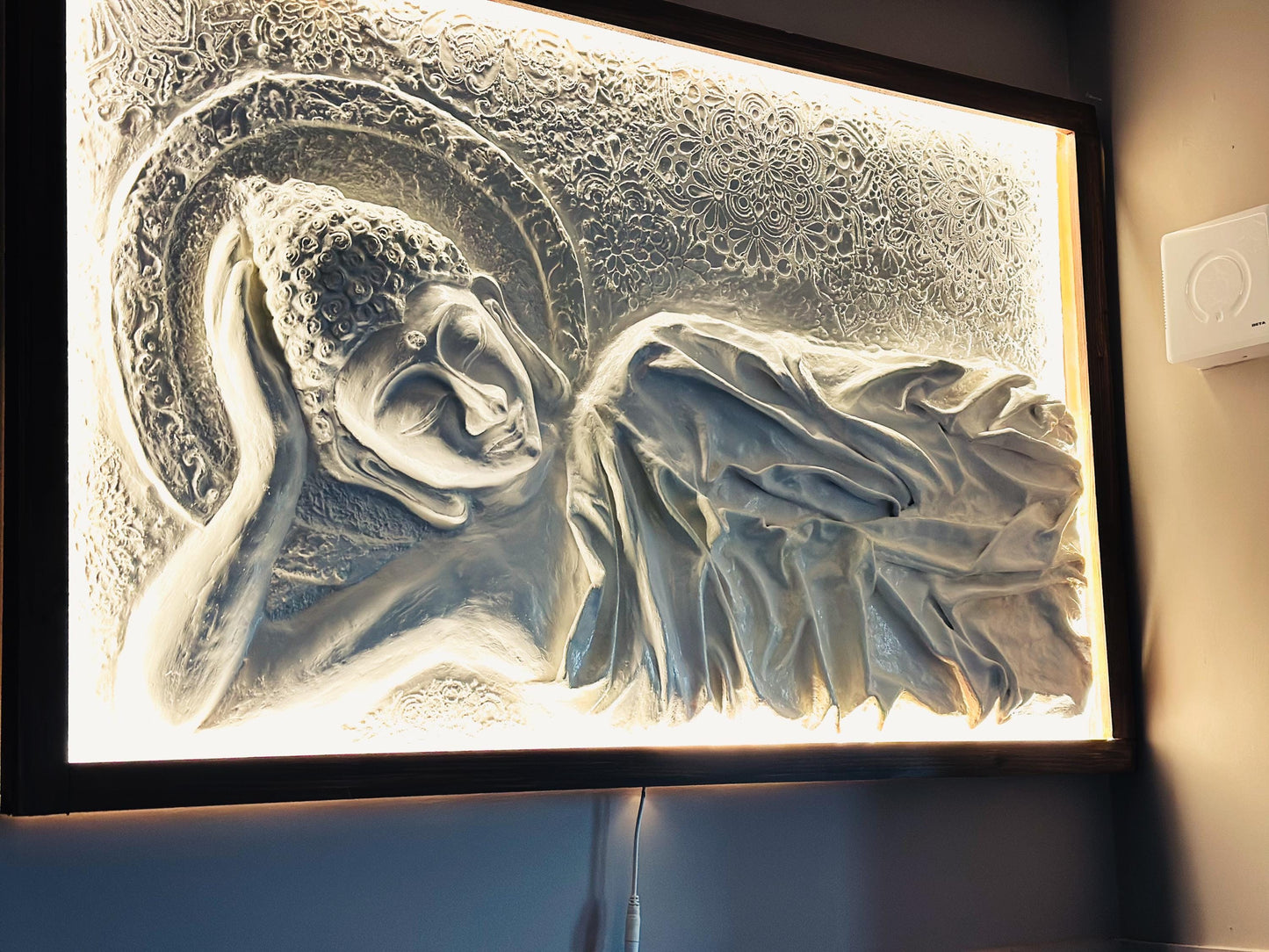 LED Large Buddha Wall Art: Handcrafted Resin Spiritual Wall Decor, Buddha Painting with Frame, 100 x 70CM mossartbyrishstudio