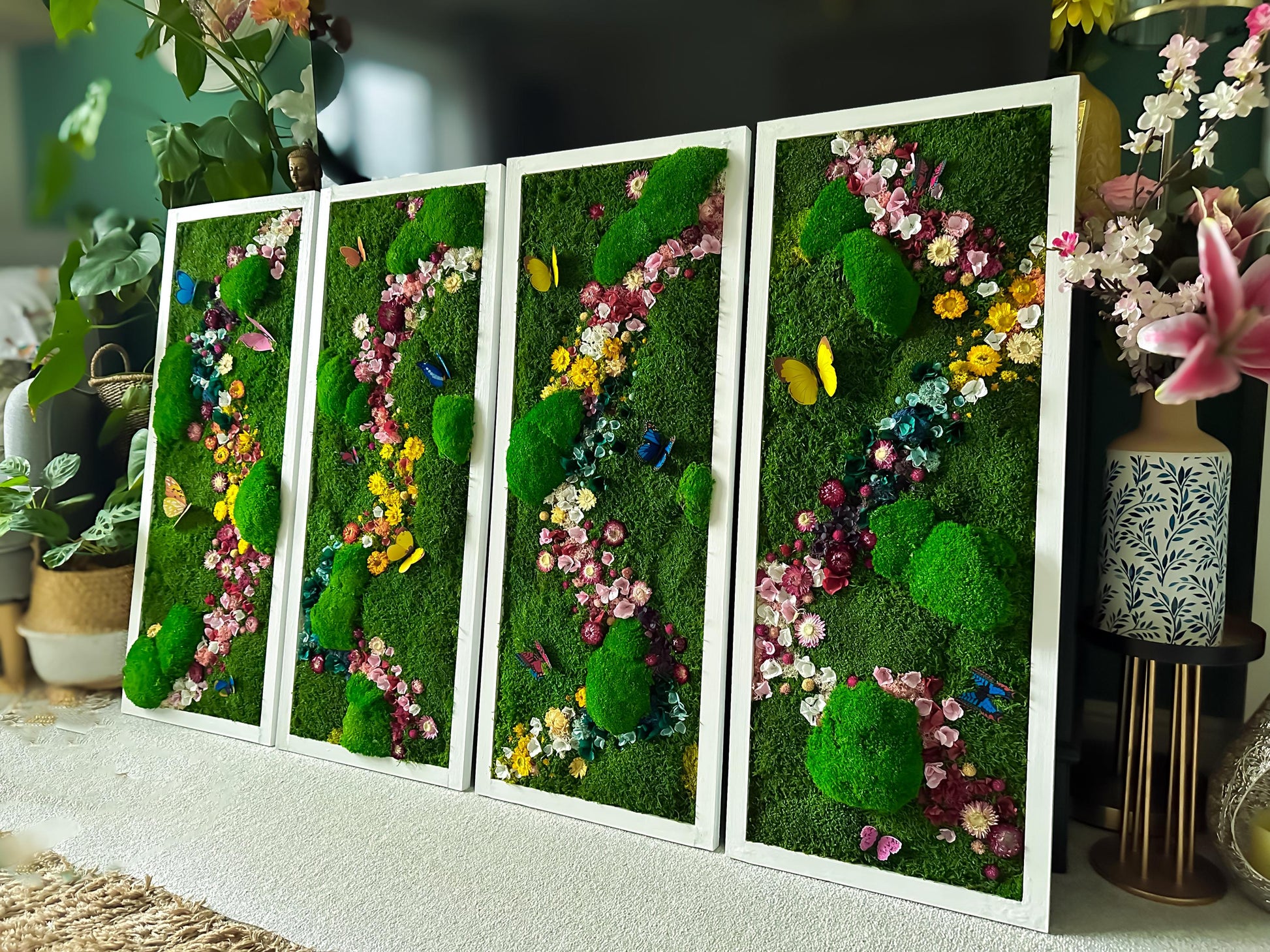 Handmade Vertical Moss Wall Art with Preserved Flowers & Butterflies – One-of-a-Kind Framed Nature Decor for Home & Office mossartbyrishstudio