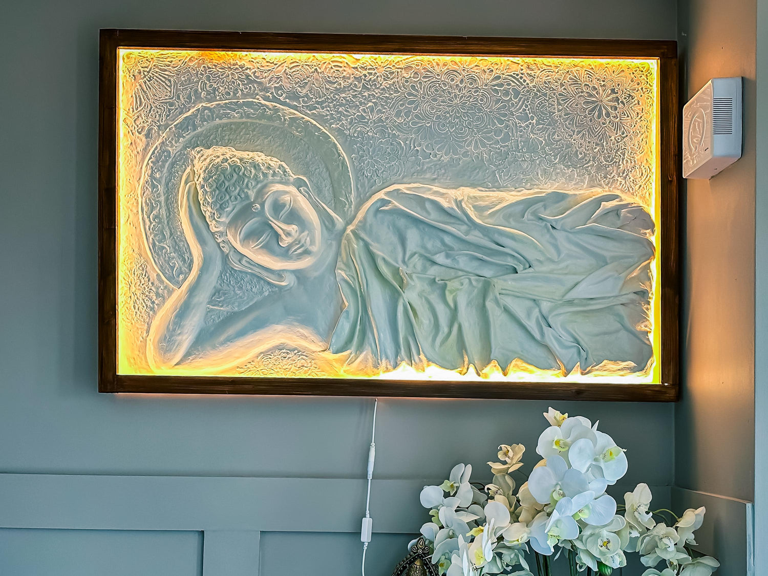 LED Large Buddha Wall Art: Handcrafted Resin Spiritual Wall Decor, Buddha Painting with Frame, 100 x 70CM mossartbyrishstudio