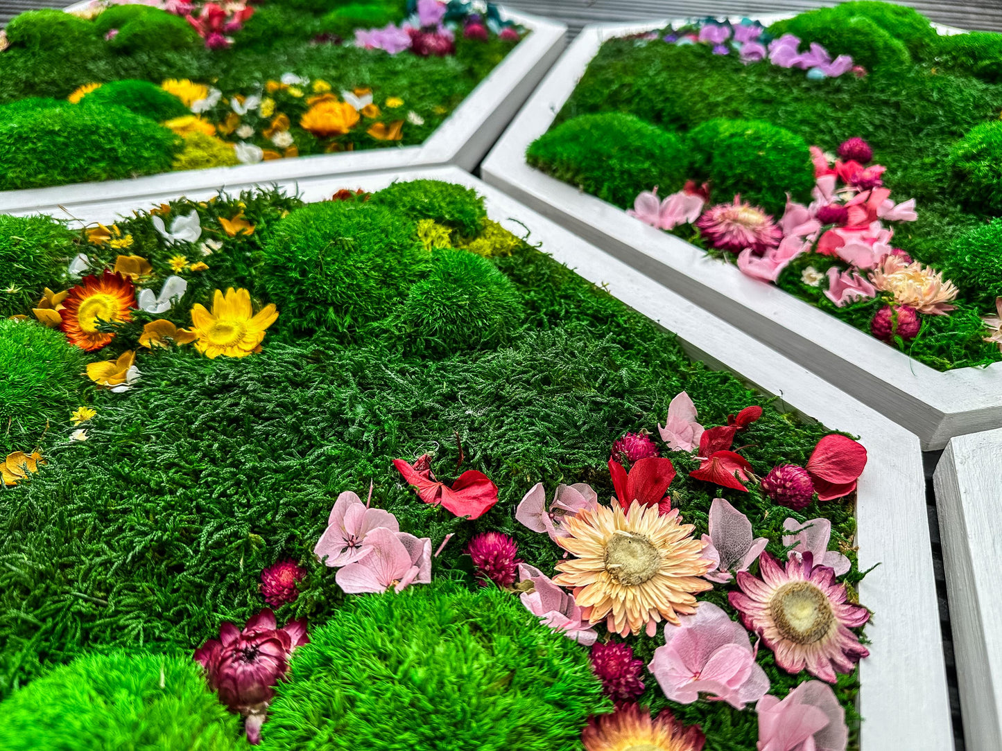Hexagonal Moss Wall Art Set – Handmade Moss Decor with flowers & Preserved Greenery Panels for Home & Office mossartbyrishstudio