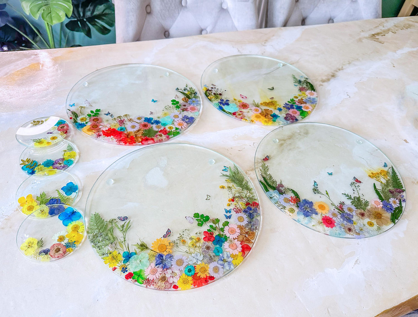 Pressed Flower Glass Placemats & Coasters Set: Botanical Cottage Decor mossartbyrishstudio