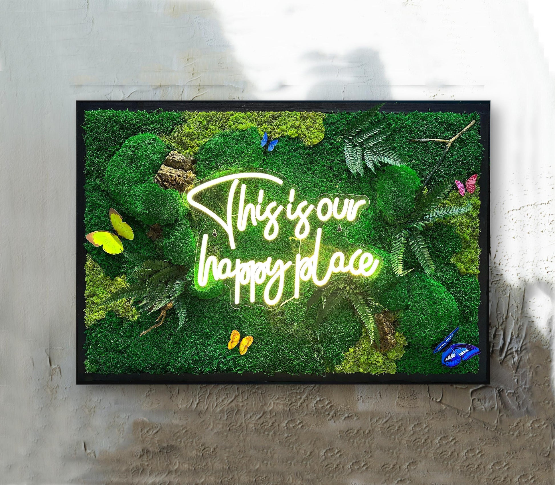 Moss wall art with Neon Lights | Living Moss Wall with Neon Sign mossartbyrishstudio