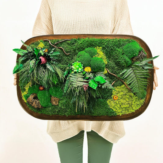 Oval Framed Preserved Moss Wall Art: Botanical Decor Walnut Irregular Frame, Natural Moss Painting mossartbyrishstudio