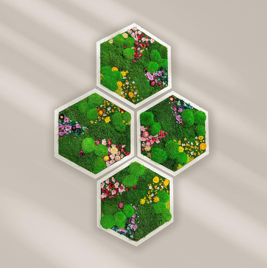 Hexagonal Moss Wall Art Set – Handmade Moss Decor with flowers & Preserved Greenery Panels for Home & Office mossartbyrishstudio