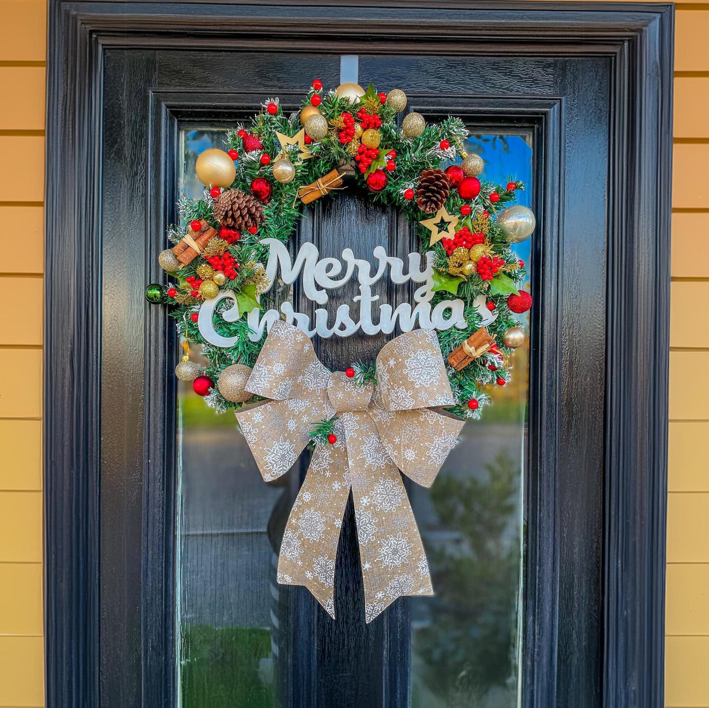 Luxury Christmas Wreath with Red Bow – Handmade Front Door Decoration – Pinecone & Bauble Holiday Wreath with “Merry Christmas” Sign mossartbyrishstudio