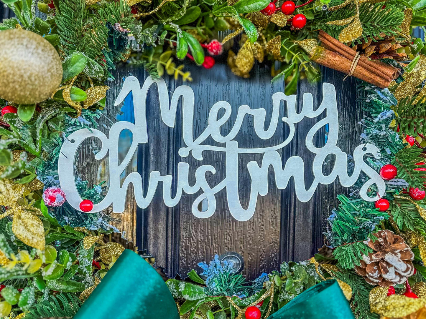 Luxury Christmas Wreath with Red Bow – Handmade Front Door Decoration – Pinecone & Bauble Holiday Wreath with “Merry Christmas” Sign mossartbyrishstudio