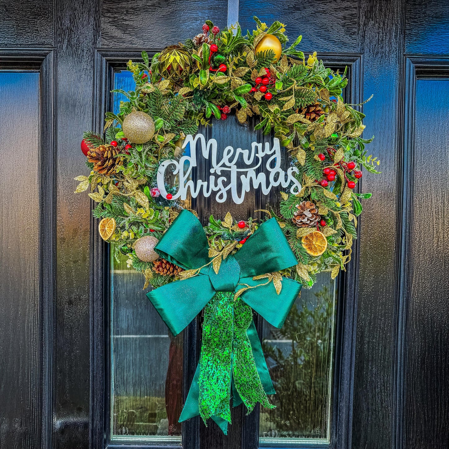 Luxury Christmas Wreath with Red Bow – Handmade Front Door Decoration – Pinecone & Bauble Holiday Wreath with “Merry Christmas” Sign mossartbyrishstudio