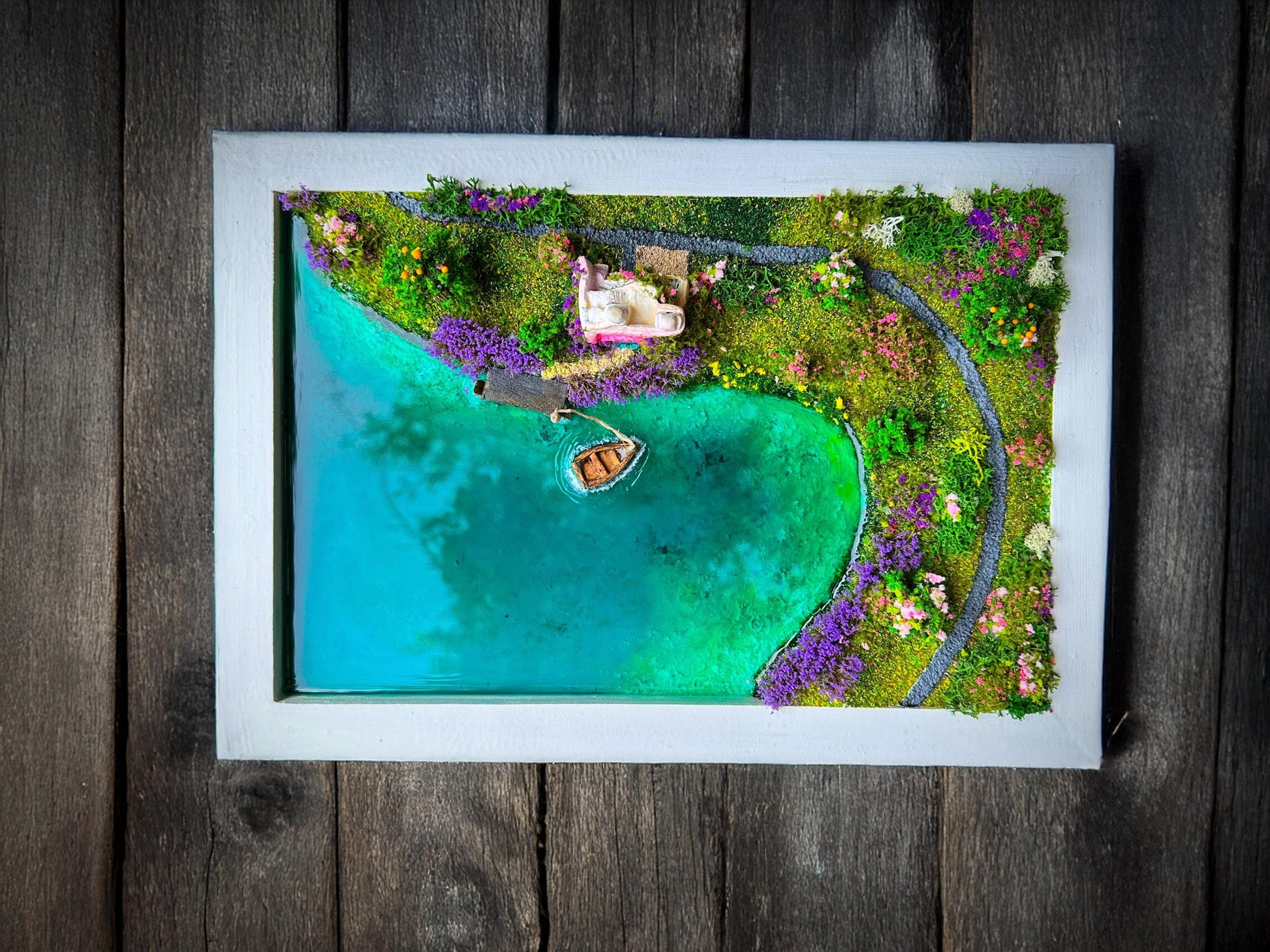 Miniature Lake House Diorama with Resin Water & Moss Landscape | 3D Cottage by the Lake Wall Art | Handmade Nature Scene for Home Décor mossartbyrishstudio