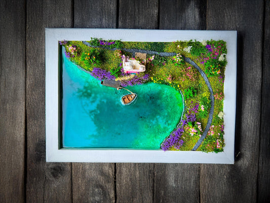 Miniature Lake House Diorama with Resin Water & Moss Landscape | 3D Cottage by the Lake Wall Art | Handmade Nature Scene for Home Décor mossartbyrishstudio