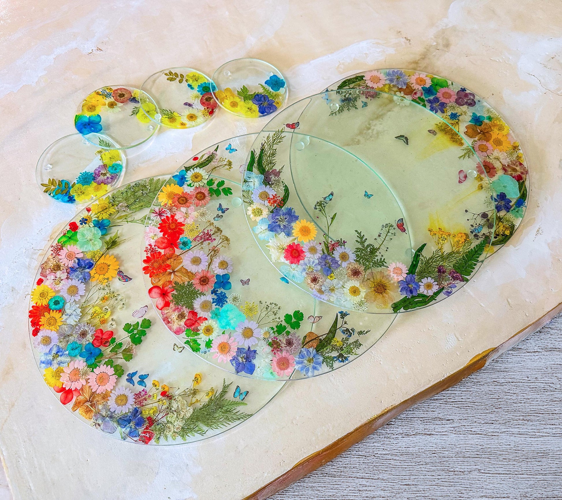 Pressed Flower Glass Placemats & Coasters Set: Botanical Cottage Decor mossartbyrishstudio