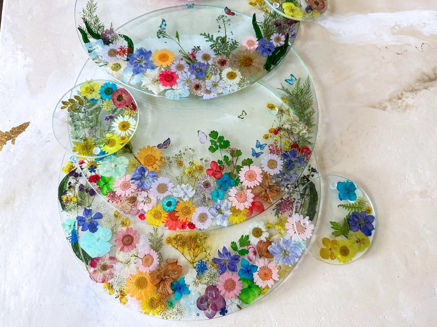 Pressed Flower Glass Placemats & Coasters Set: Botanical Cottage Decor mossartbyrishstudio