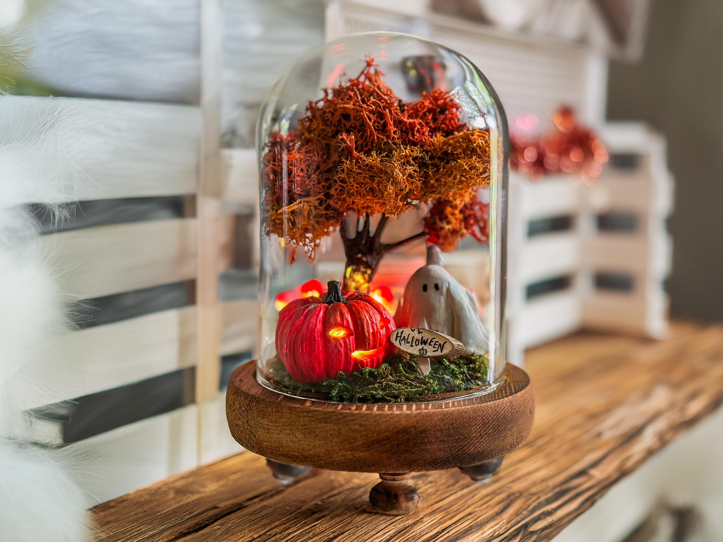 Handmade Halloween Terrarium with Ghost & Pumpkin – Eco-Friendly