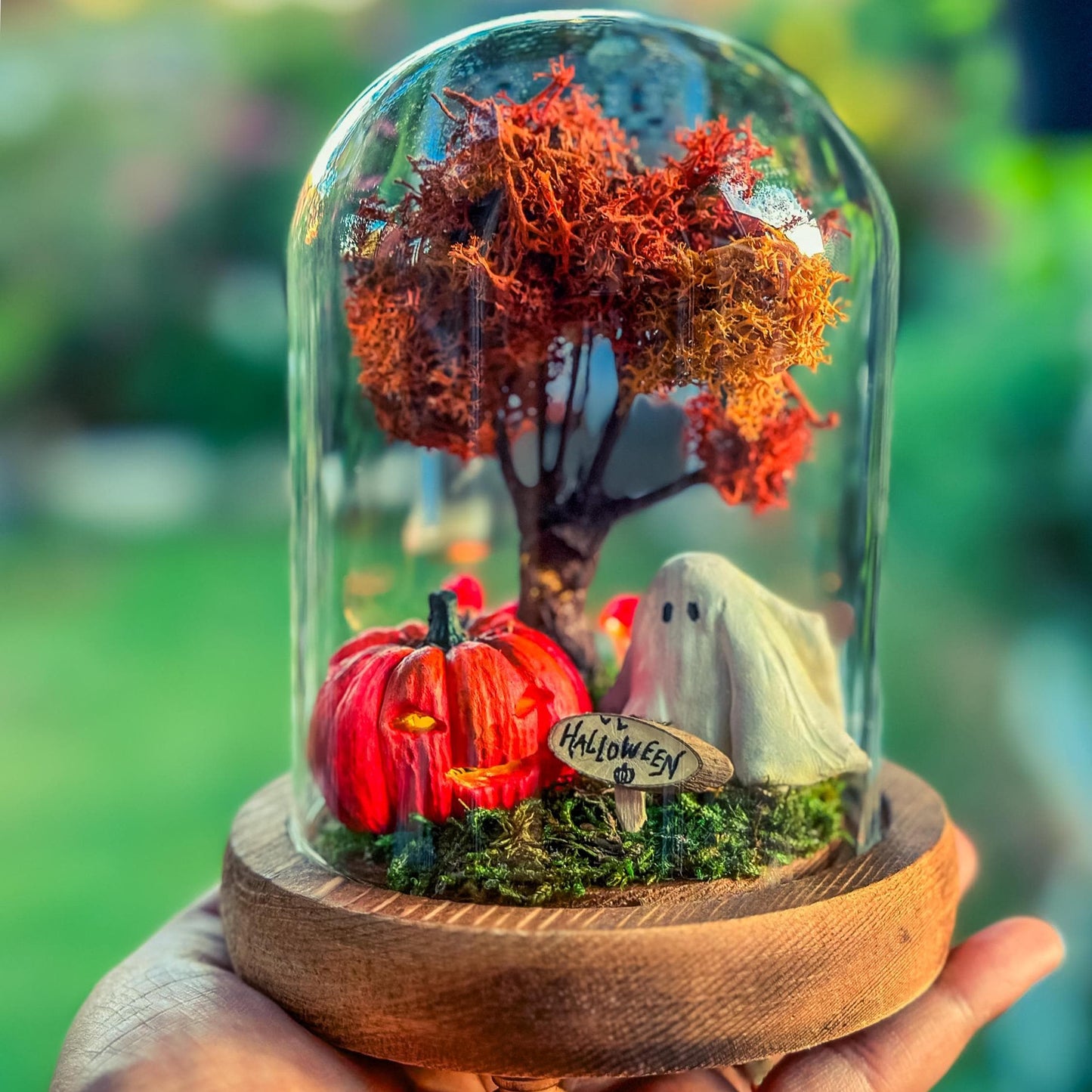 Handmade Halloween Terrarium with Ghost, Pumpkin & Autumn Tree – LED Cloche Gift for Spooky Home Decor mossartbyrishstudio