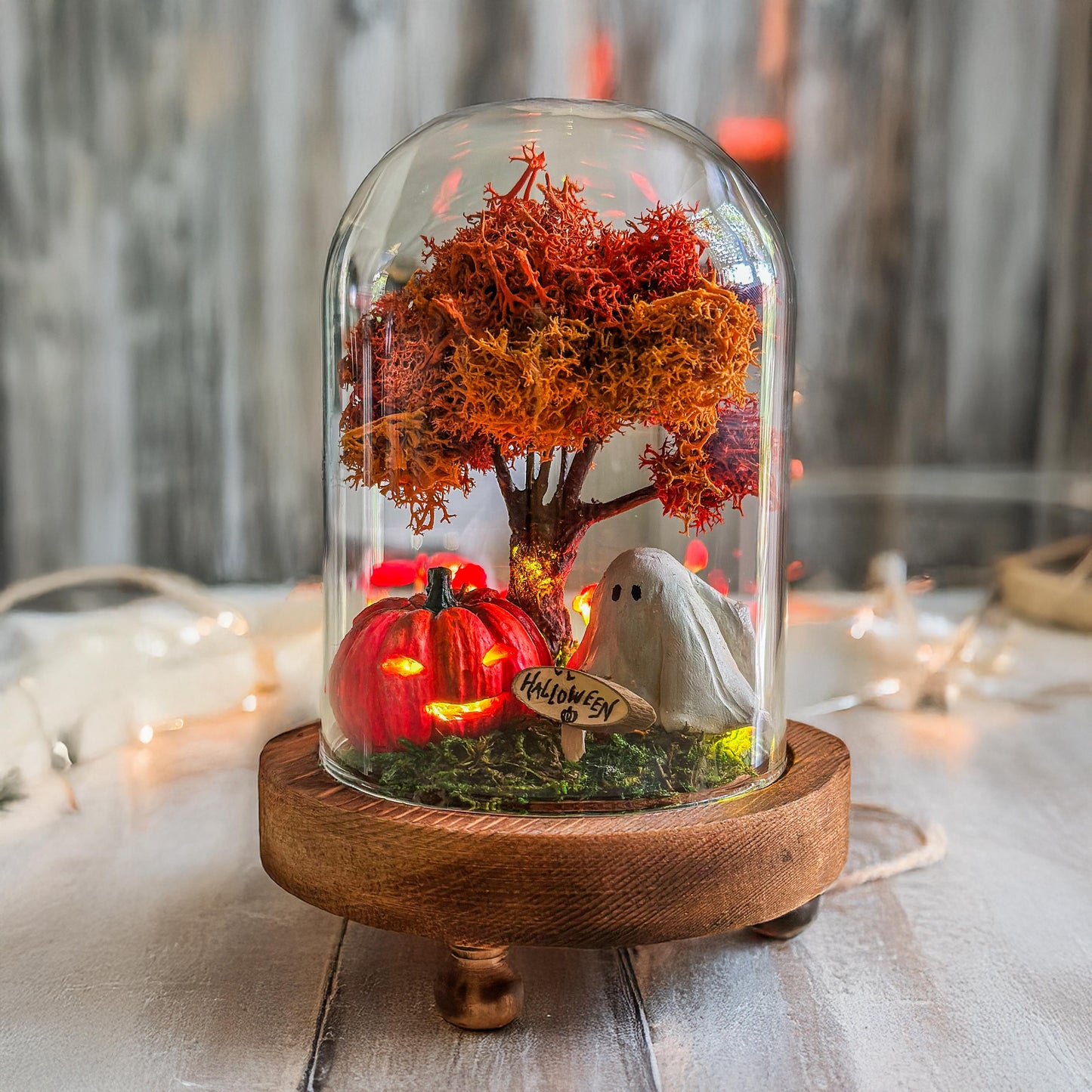 Handmade Halloween Terrarium with Ghost, Pumpkin & Autumn Tree – LED Cloche Gift for Spooky Home Decor mossartbyrishstudio
