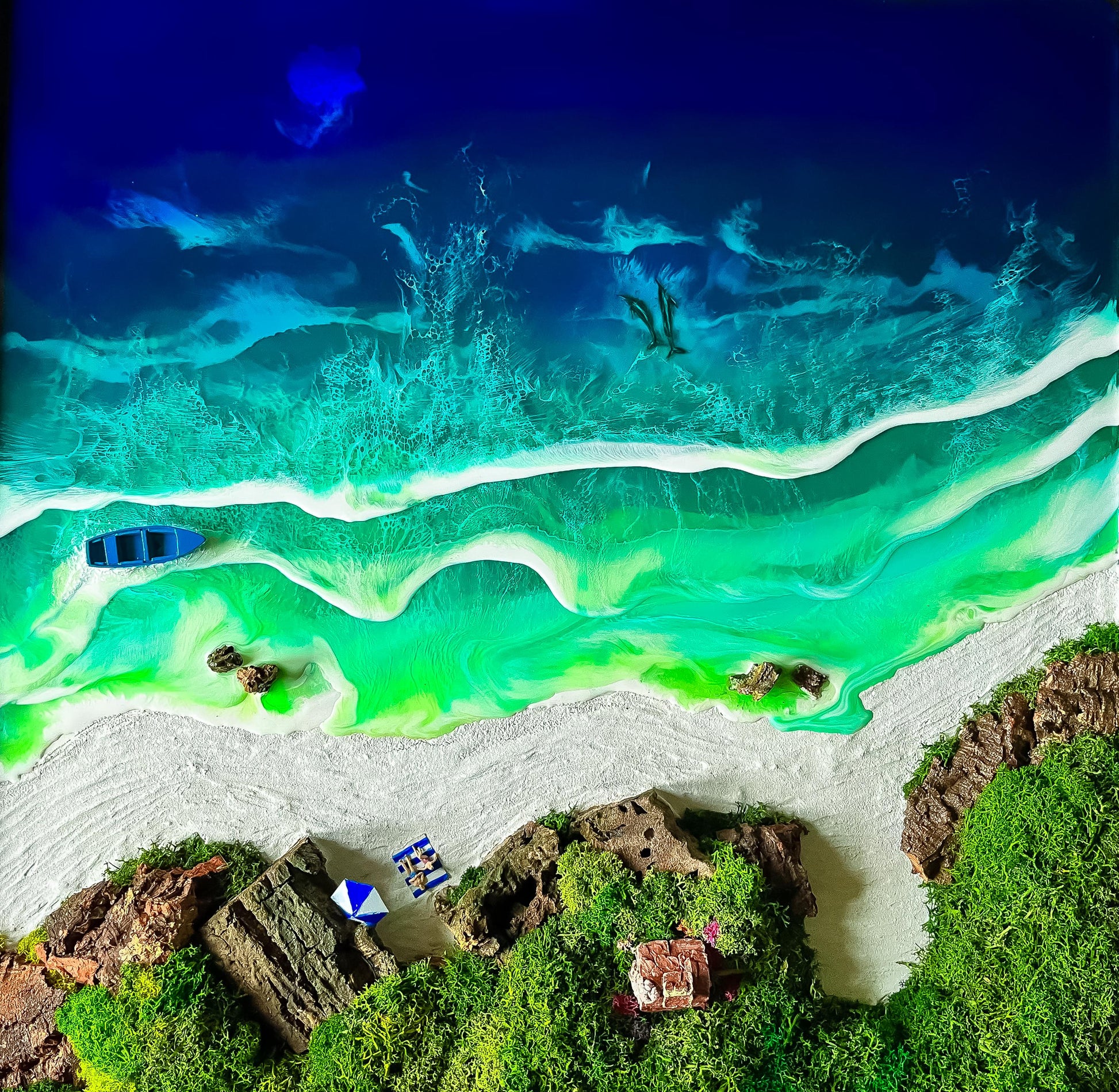Ocean Resin Art: Handmade 3D Beach Scene Wall Decor – Unique Coastal Artwork mossartbyrishstudio