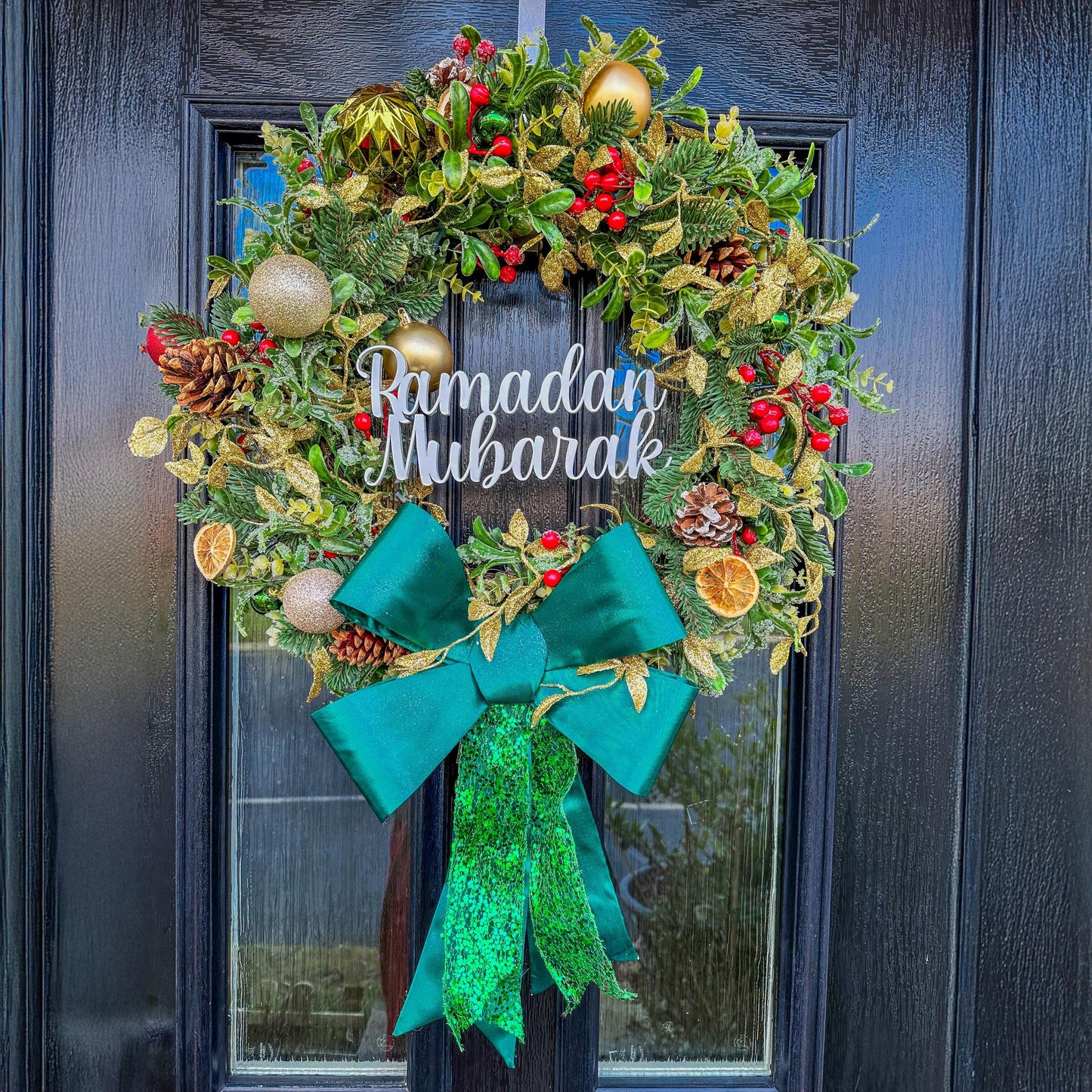 Luxury Christmas Wreath with Red Bow – Handmade Front Door Decoration – Pinecone & Bauble Holiday Wreath with “Merry Christmas” Sign mossartbyrishstudio