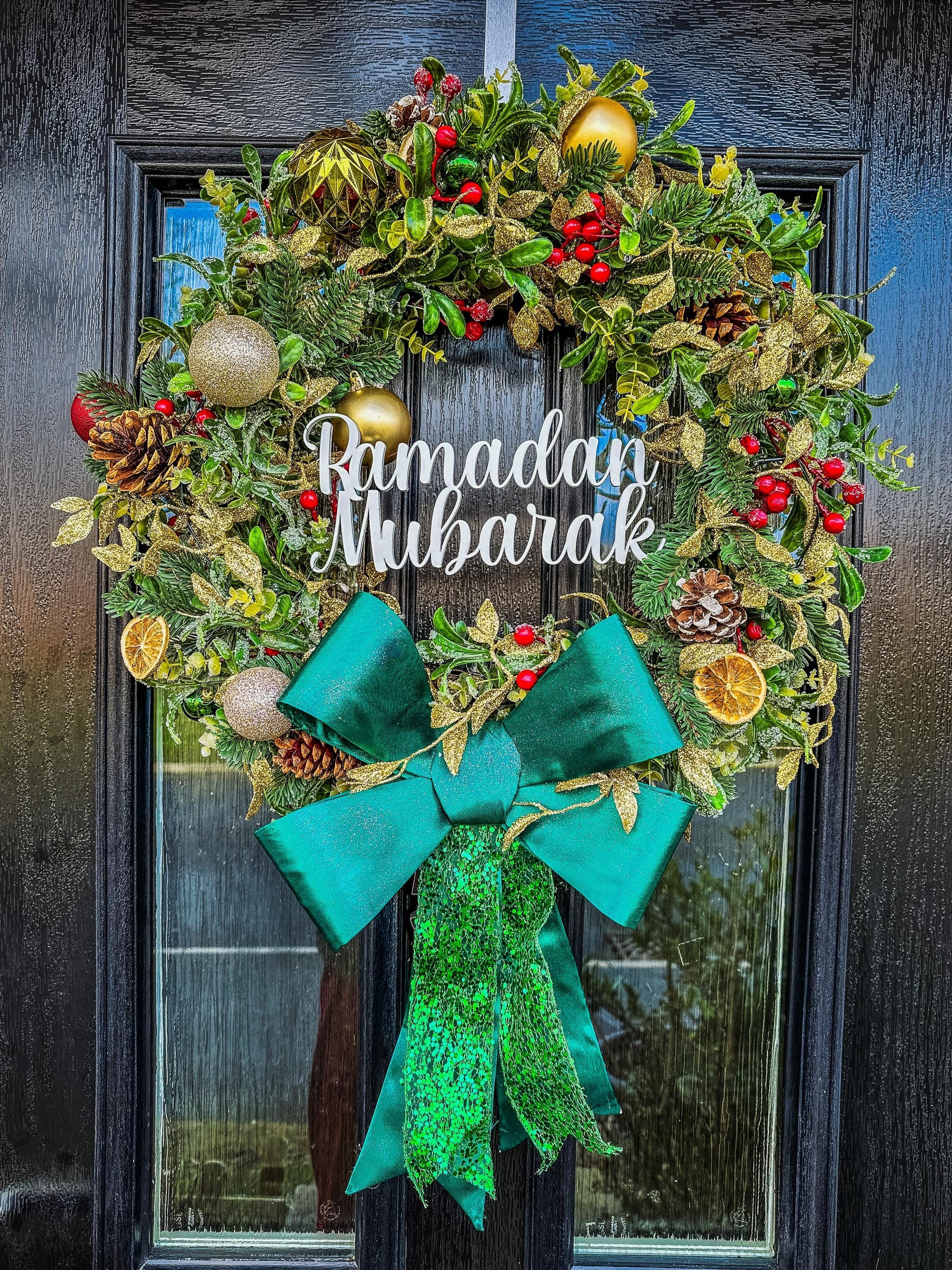 Luxury Christmas Wreath with Red Bow – Handmade Front Door Decoration – Pinecone & Bauble Holiday Wreath with “Merry Christmas” Sign mossartbyrishstudio