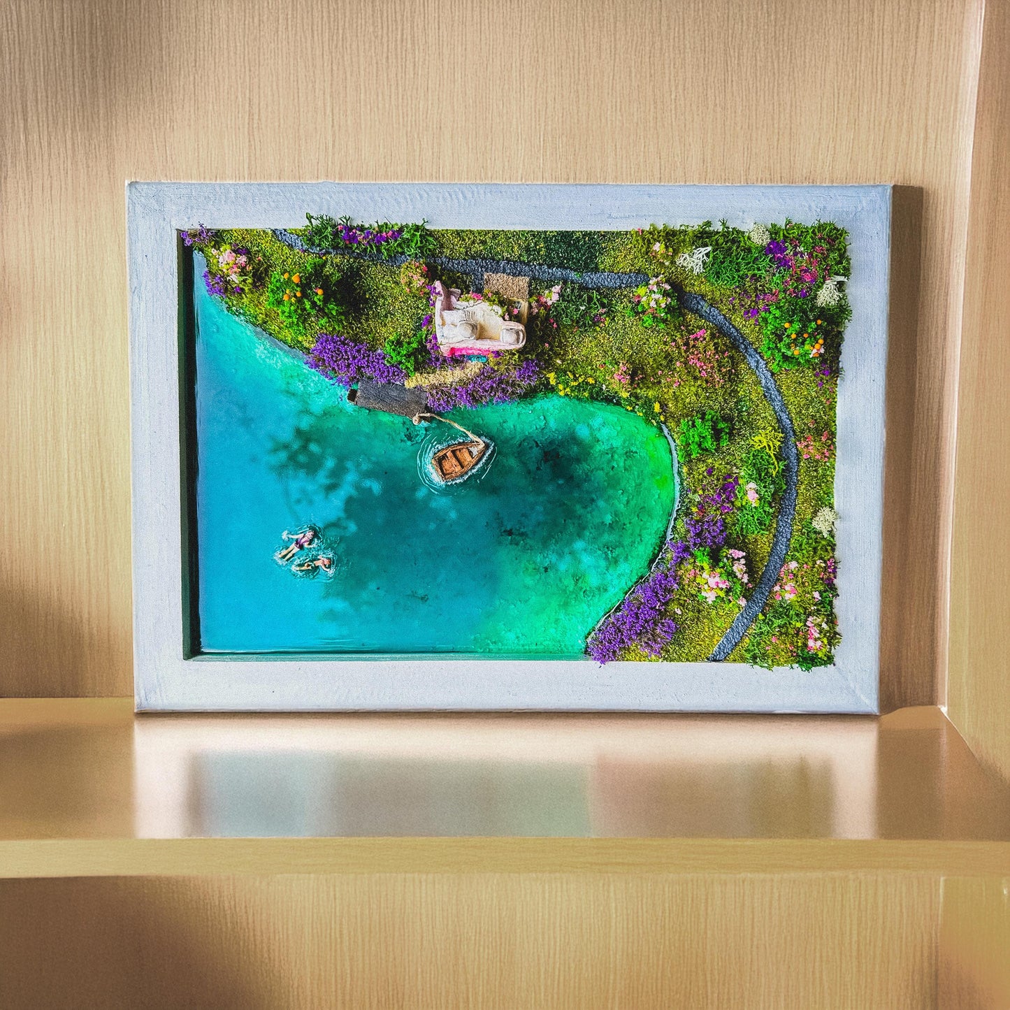 Miniature Lake House Diorama with Resin Water & Moss Landscape | 3D Cottage by the Lake Wall Art | Handmade Nature Scene for Home Décor mossartbyrishstudio