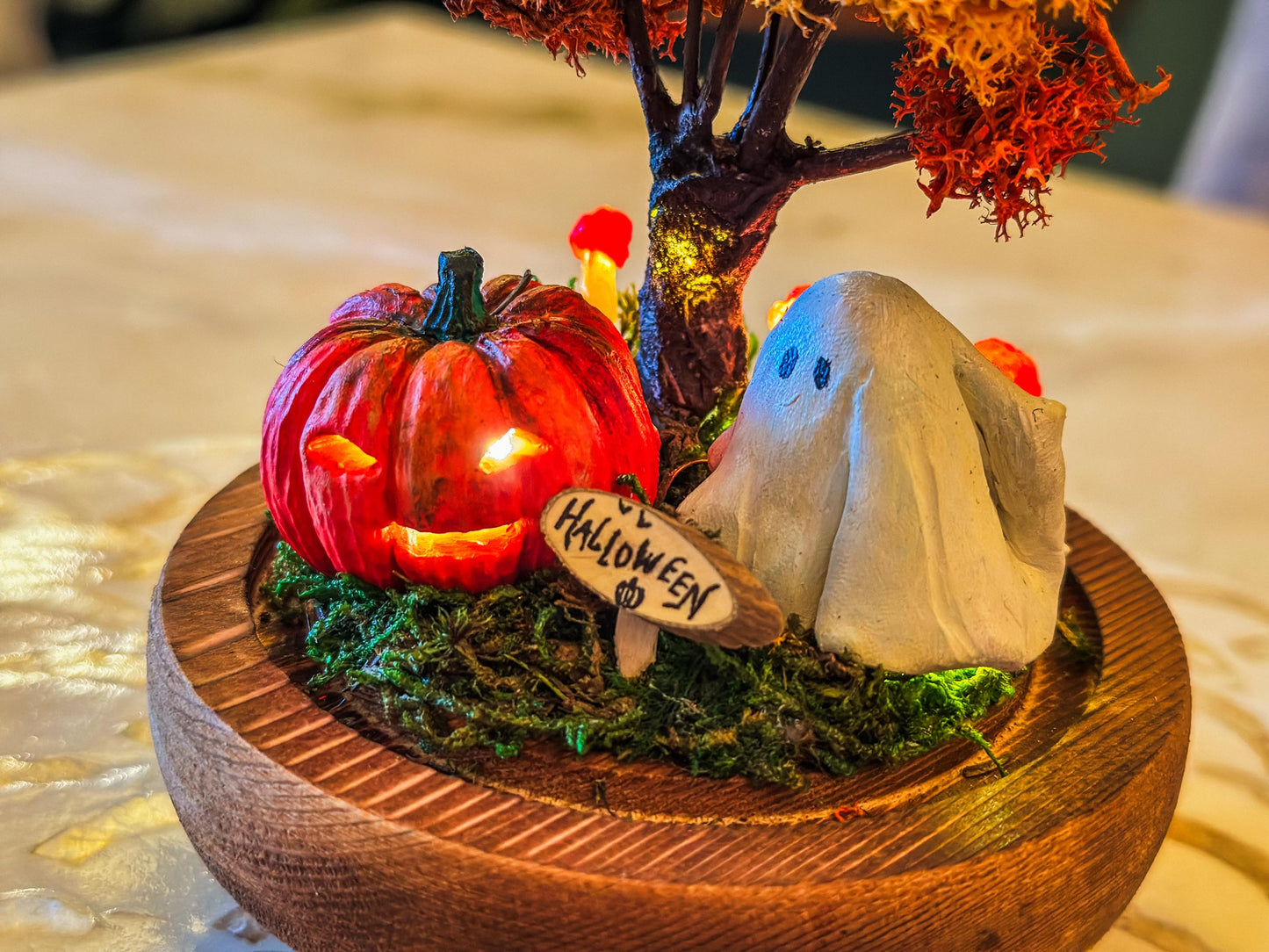 Handmade Halloween Terrarium with Ghost, Pumpkin & Autumn Tree – LED Cloche Gift for Spooky Home Decor mossartbyrishstudio