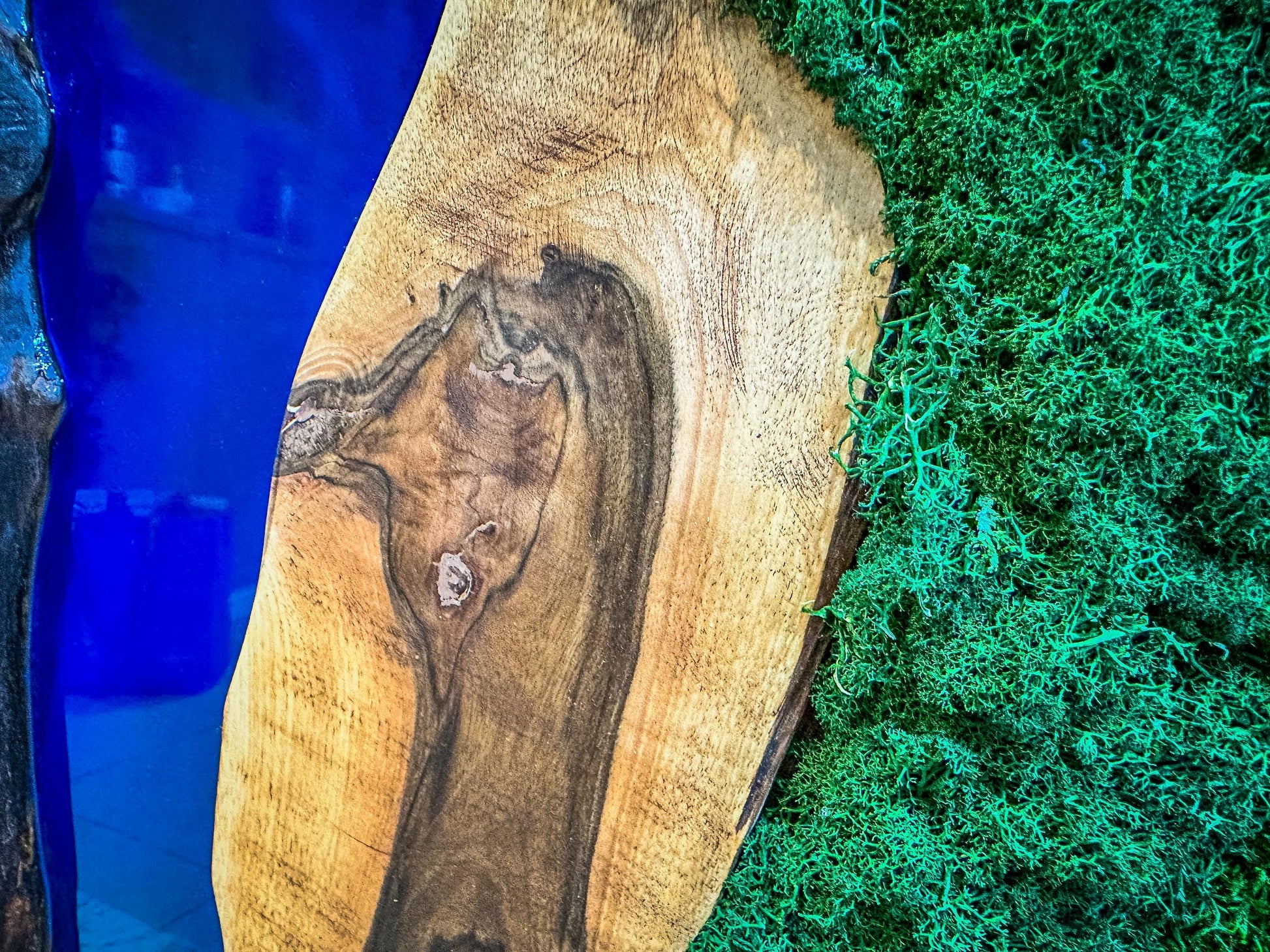 Moss and Wood Wall Art - Handmade Live Edge Olive Wood & Preserved Moss Wall River Design mossartbyrishstudio