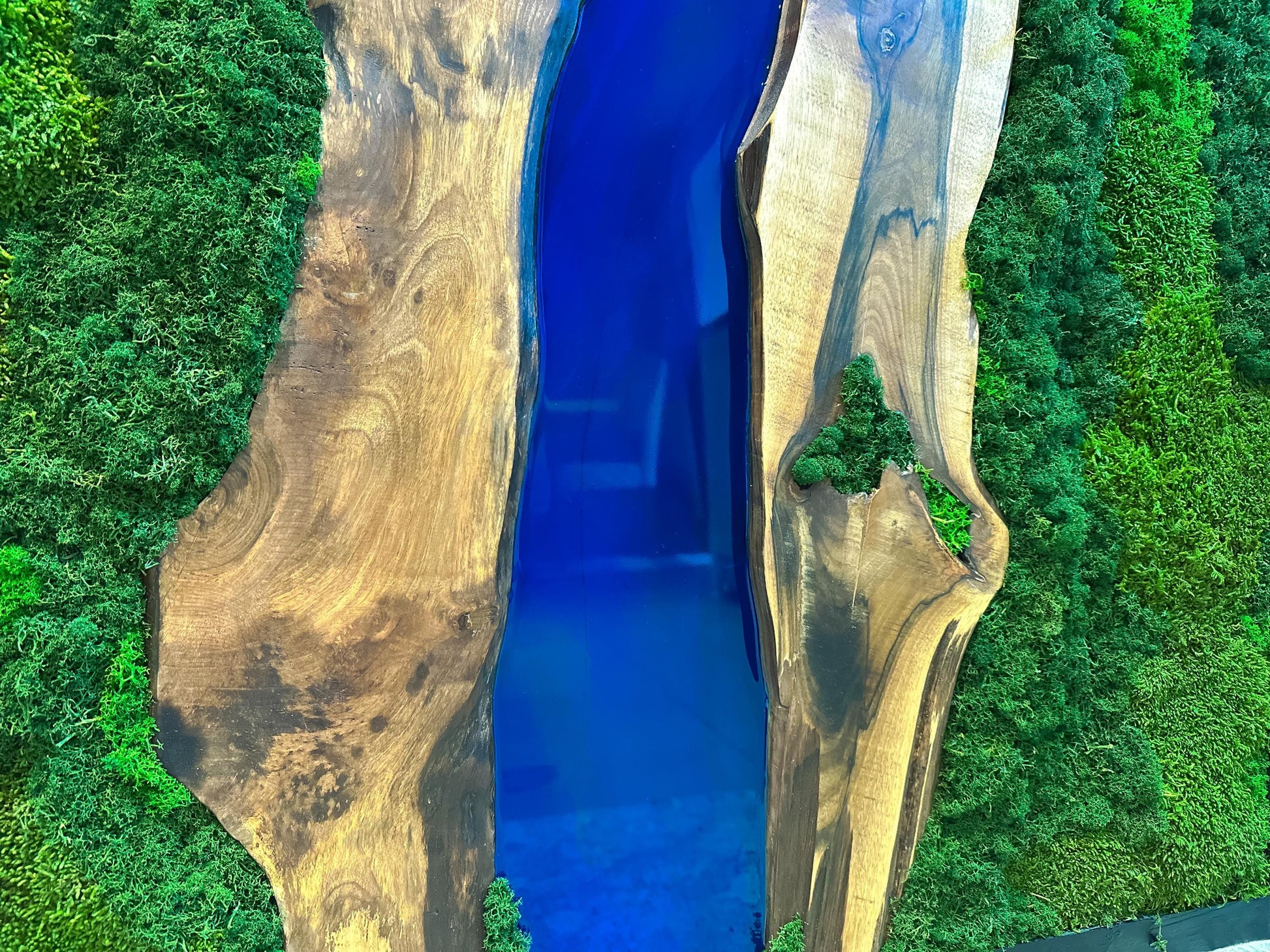 Moss and Wood Wall Art - Handmade Live Edge Olive Wood & Preserved Moss Wall River Design mossartbyrishstudio