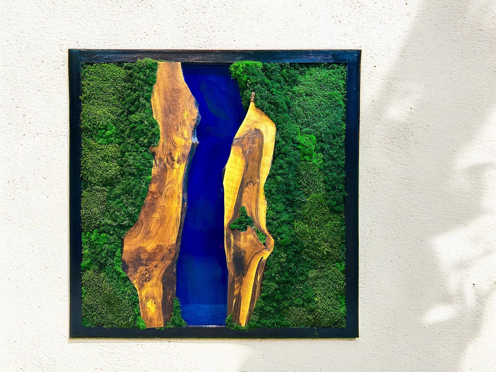 Moss and Wood Wall Art - Handmade Live Edge Olive Wood & Preserved Moss Wall River Design mossartbyrishstudio