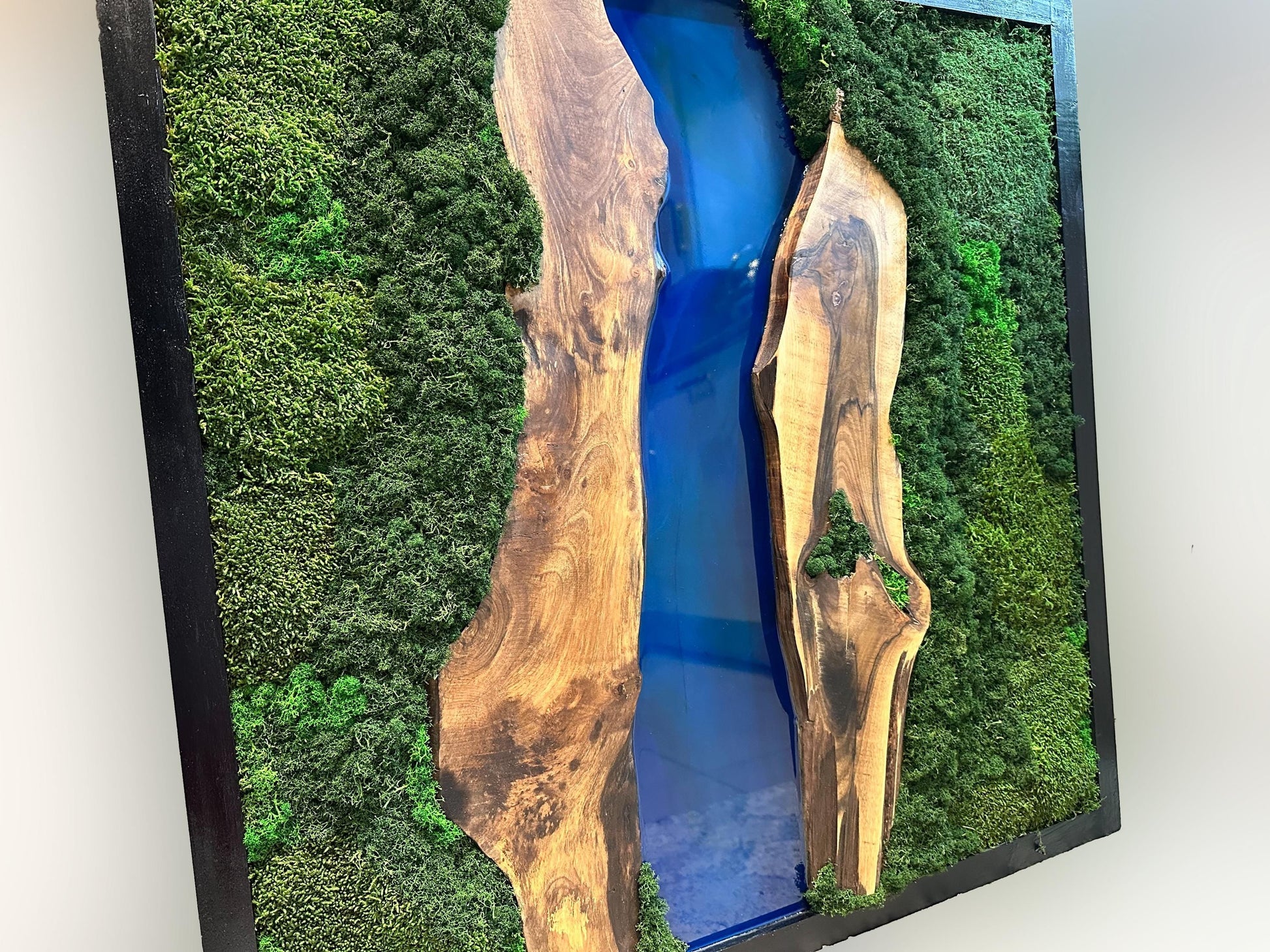 Moss and Wood Wall Art - Handmade Live Edge Olive Wood & Preserved Moss Wall River Design mossartbyrishstudio