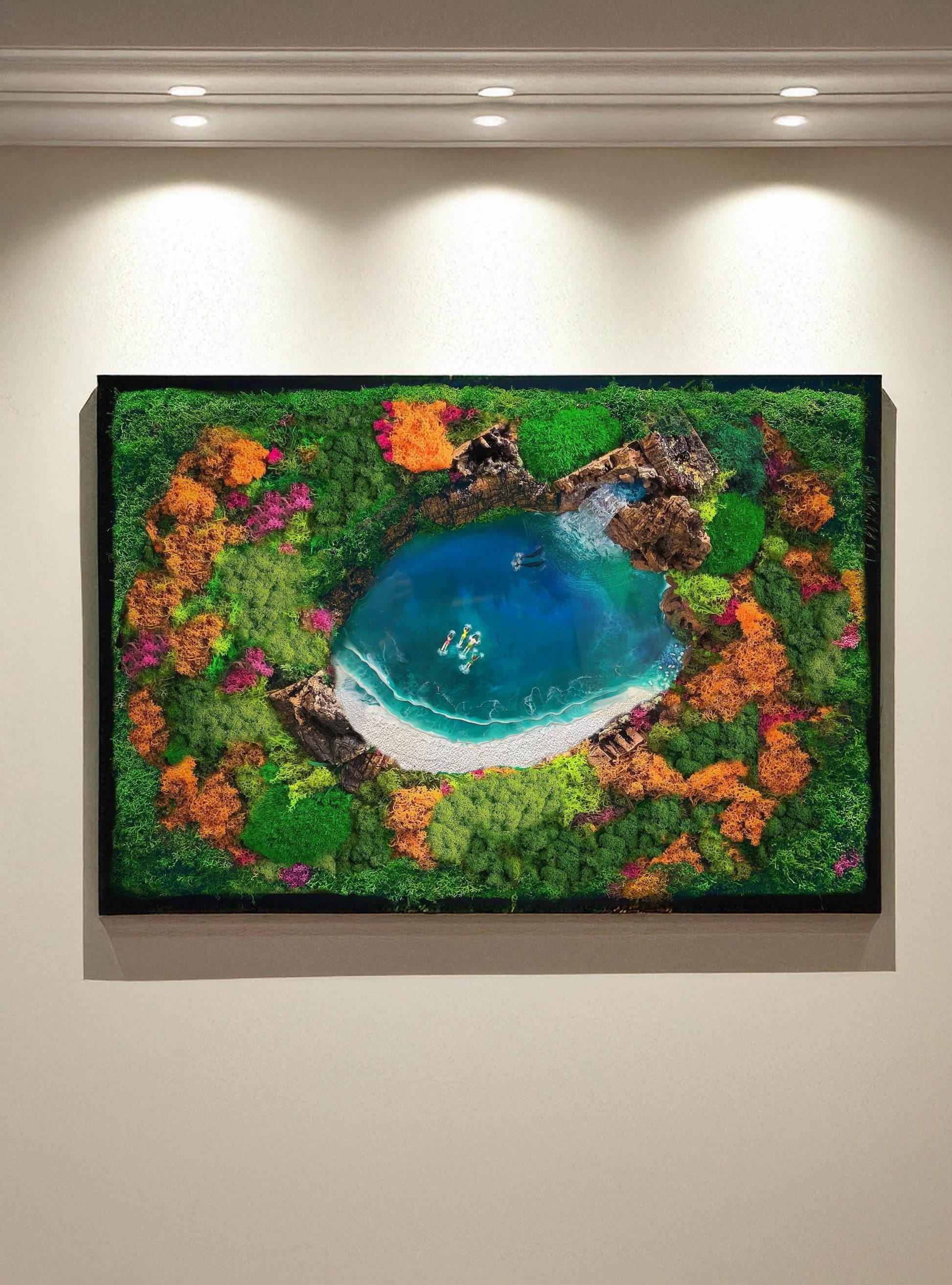 Eco-Friendly Moss & Resin Wall Art – Sustainable Blue Lagoon Landscape with Natural Bark – Handmade Nature-Inspired Decor mossartbyrishstudio