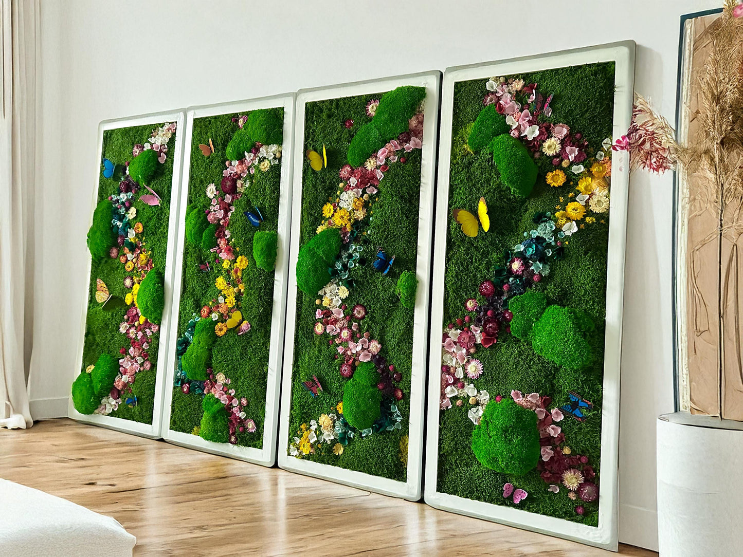 Handmade Vertical Moss Wall Art with Preserved Flowers & Butterflies – One-of-a-Kind Framed Nature Decor for Home & Office mossartbyrishstudio