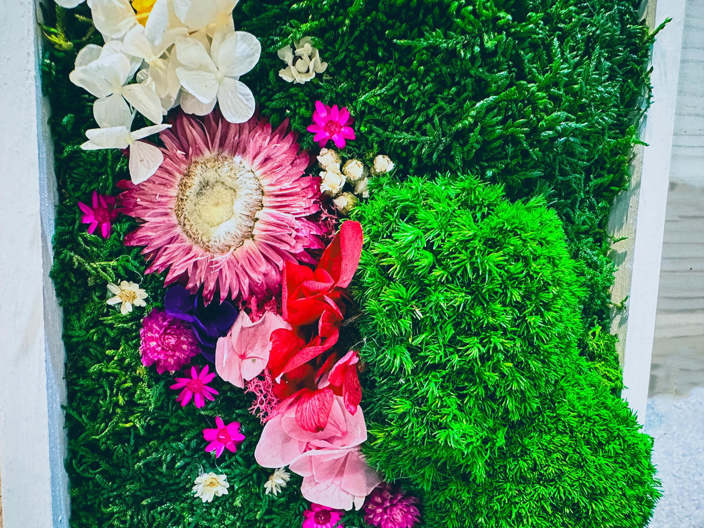 Handmade Vertical Moss Wall Art with Preserved Flowers & Butterflies – One-of-a-Kind Framed Nature Decor for Home & Office mossartbyrishstudio