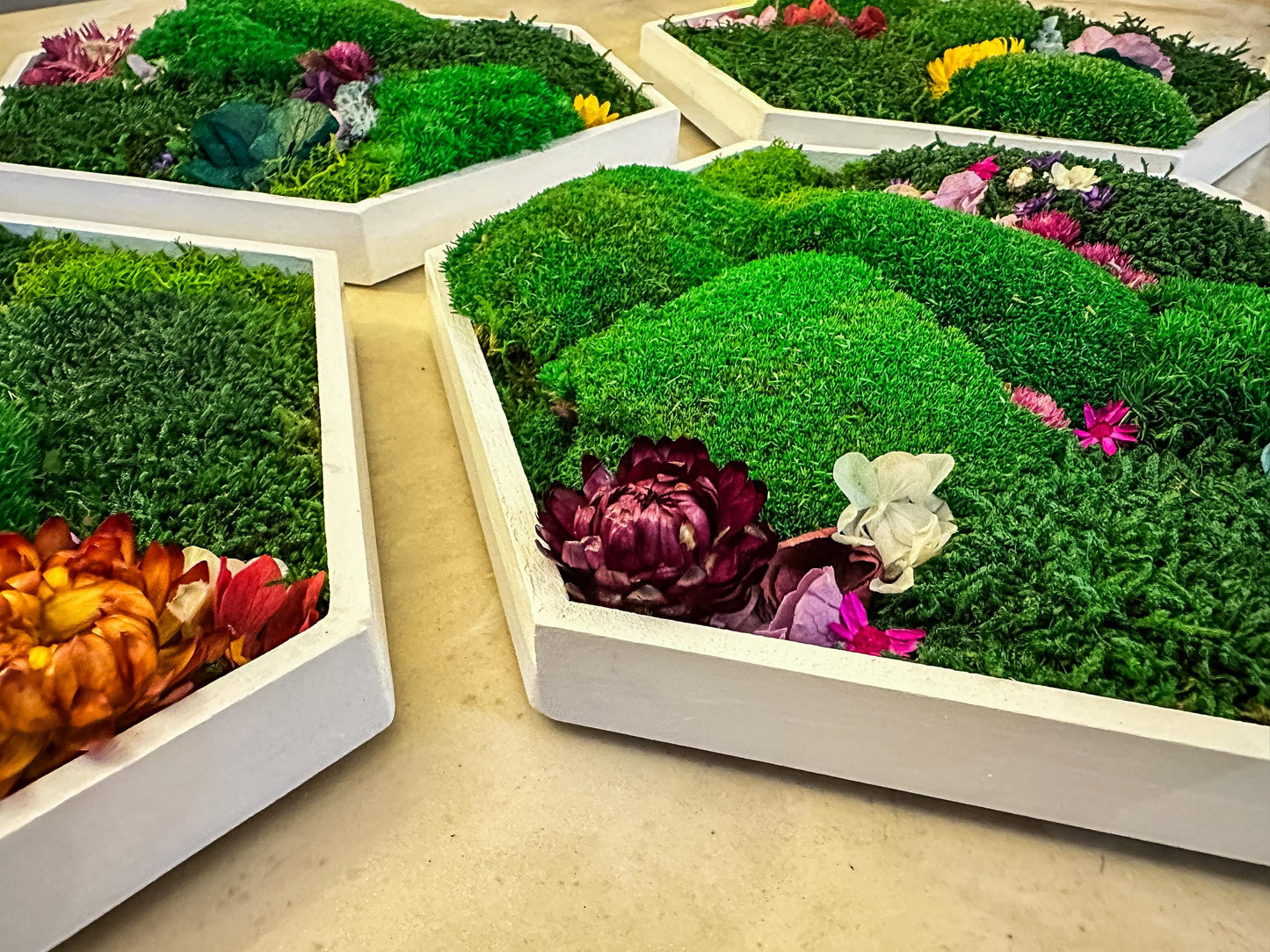 Hexagonal Moss Wall Art Set – Handmade Moss Decor with flowers & Preserved Greenery Panels for Home & Office mossartbyrishstudio