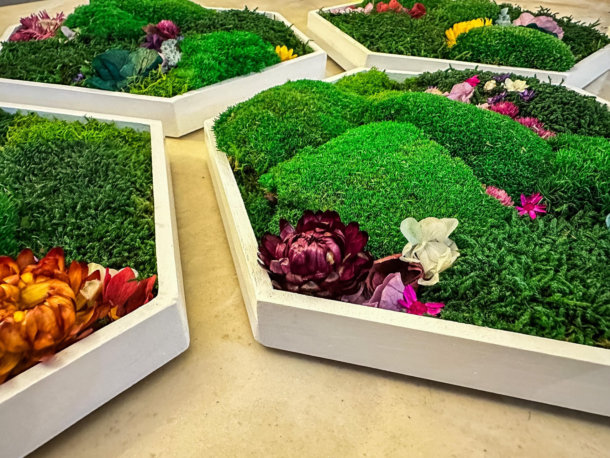 Hexagonal Moss Wall Art Set – Handmade Moss Decor with flowers & Preserved Greenery Panels for Home & Office mossartbyrishstudio