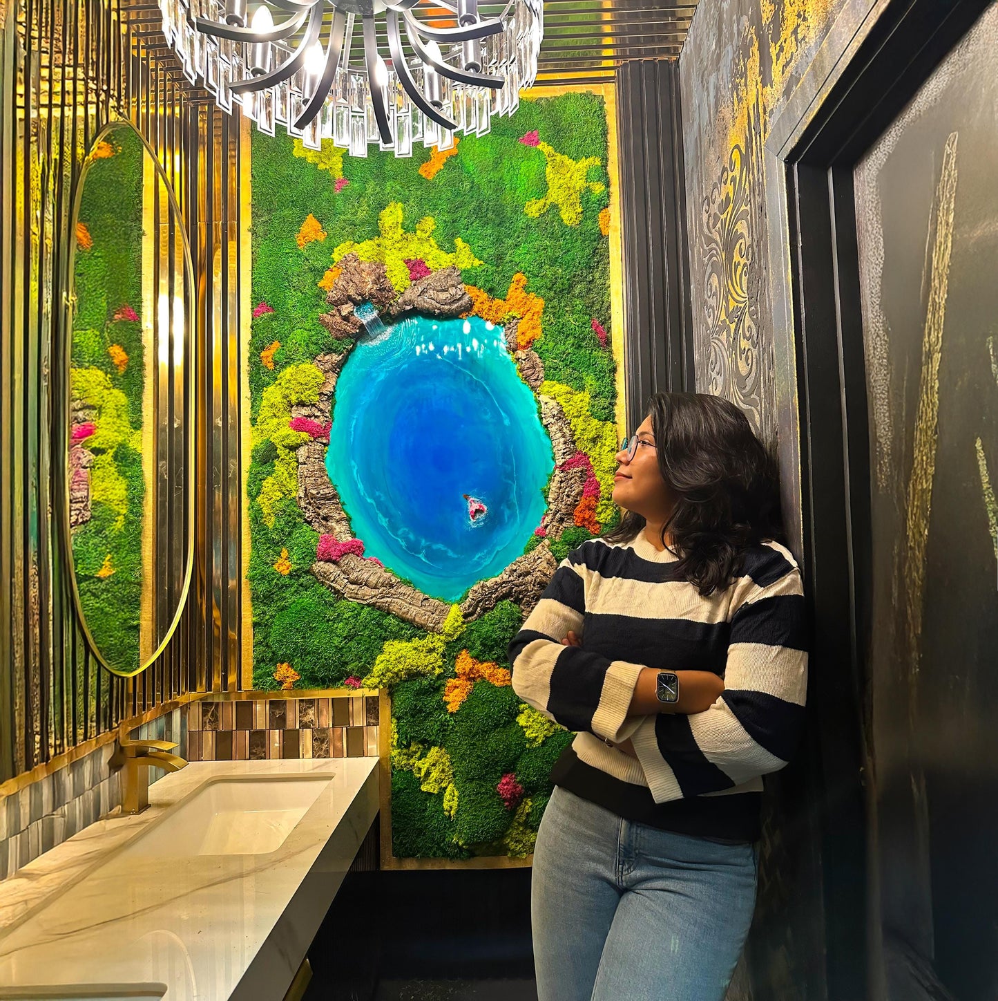 Eco-Friendly Moss & Resin Wall Art – Sustainable Blue Lagoon Landscape with Natural Bark – Handmade Nature-Inspired Decor mossartbyrishstudio