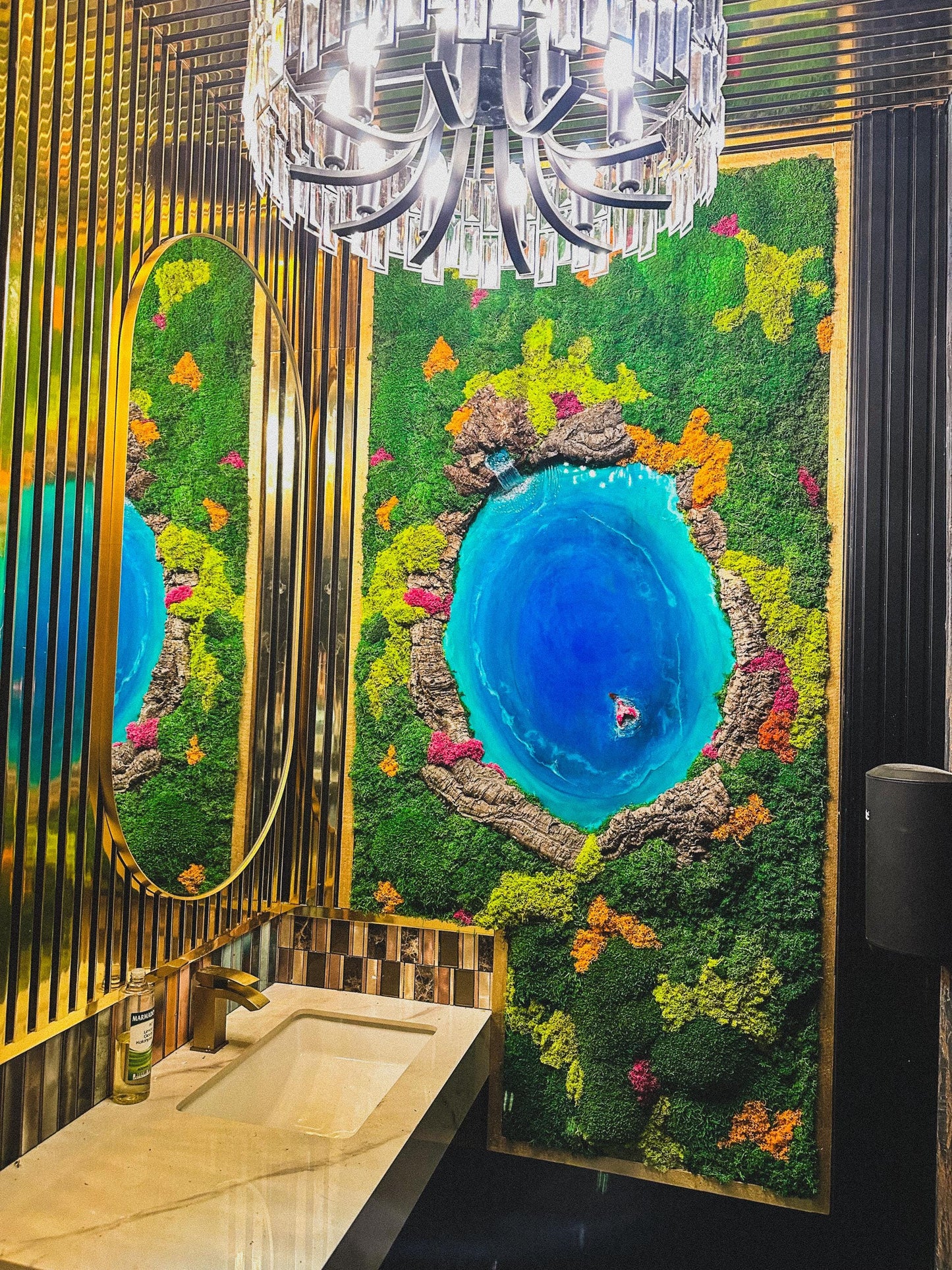 Eco-Friendly Moss & Resin Wall Art – Sustainable Blue Lagoon Landscape with Natural Bark – Handmade Nature-Inspired Decor mossartbyrishstudio