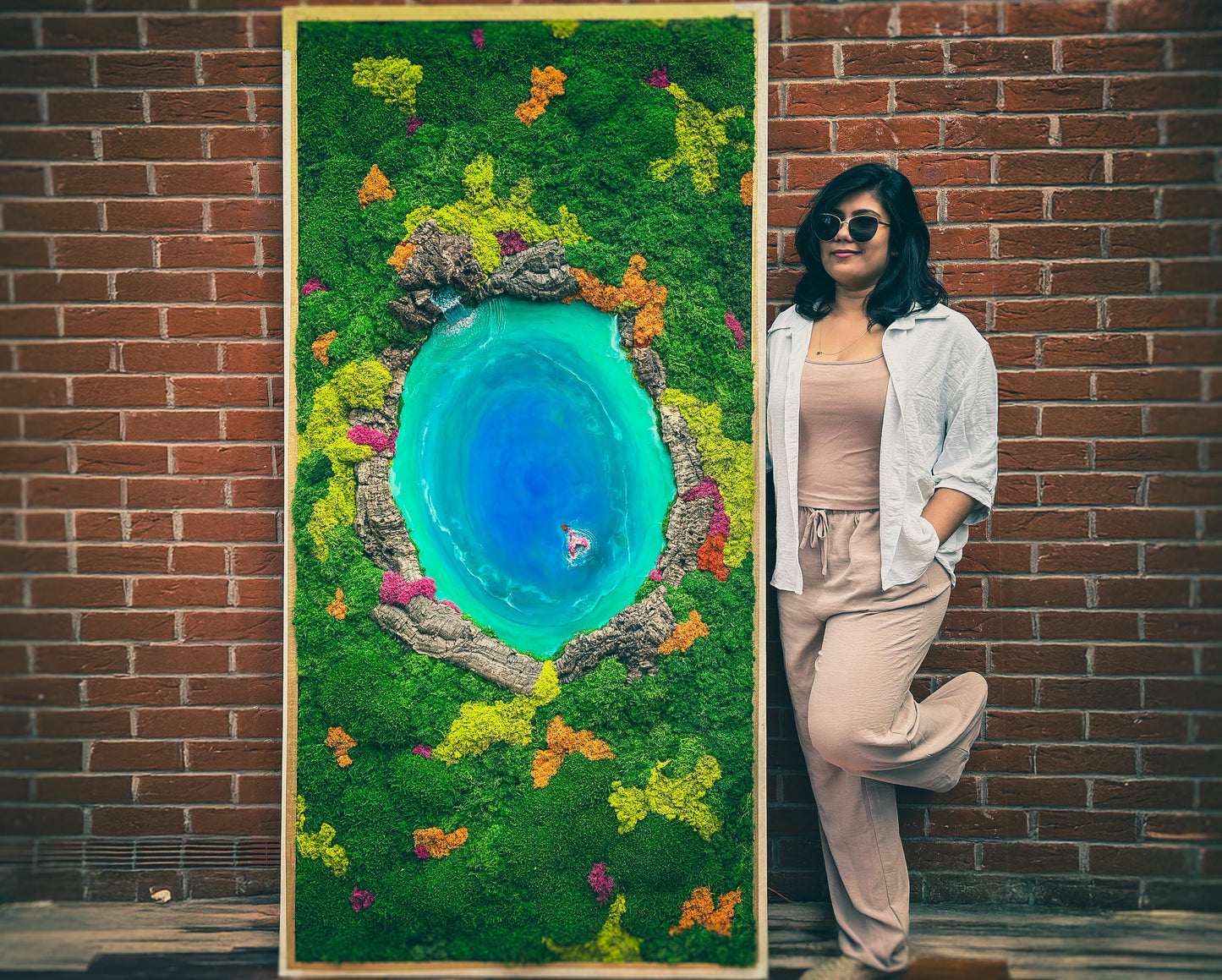 Eco-Friendly Moss & Resin Wall Art – Sustainable Blue Lagoon Landscape with Natural Bark – Handmade Nature-Inspired Decor mossartbyrishstudio