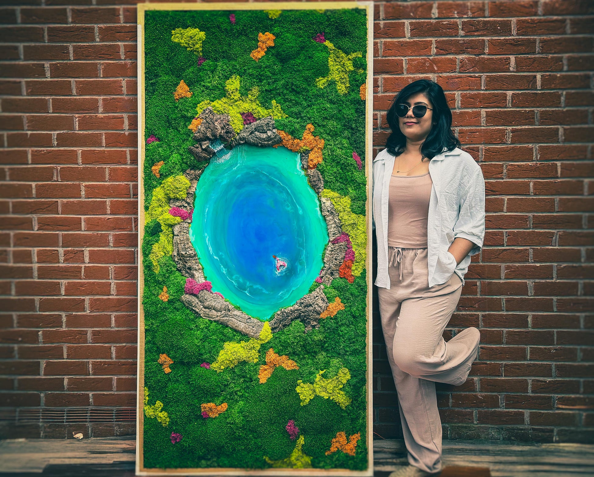 Eco-Friendly Moss & Resin Wall Art – Sustainable Blue Lagoon Landscape with Natural Bark – Handmade Nature-Inspired Decor mossartbyrishstudio