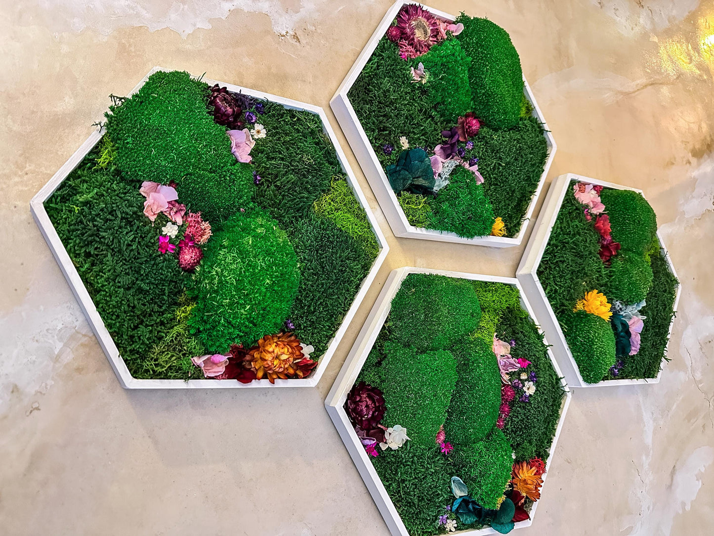 Hexagonal Moss Wall Art Set – Handmade Moss Decor with flowers & Preserved Greenery Panels for Home & Office mossartbyrishstudio