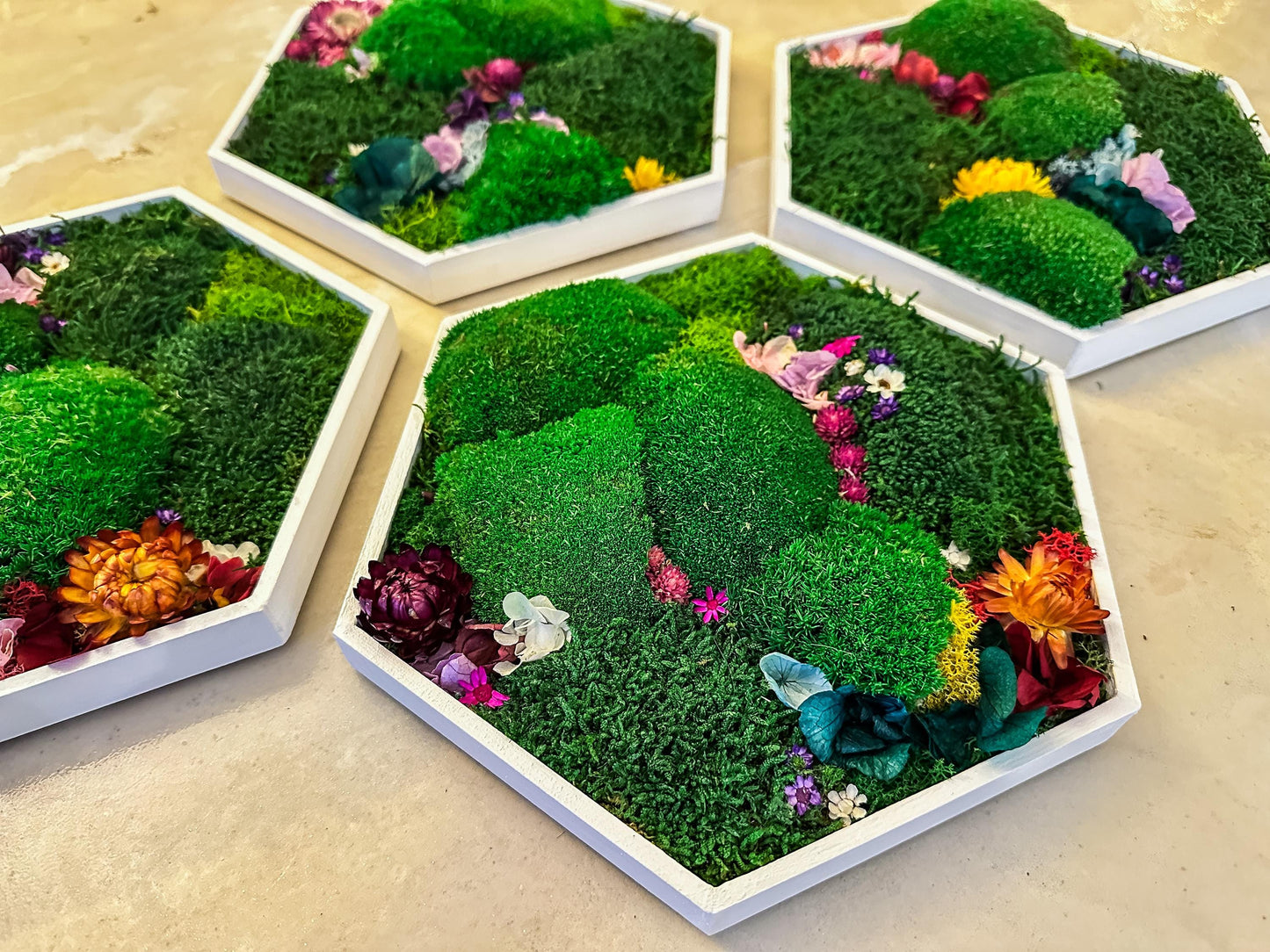 Hexagonal Moss Wall Art Set – Handmade Moss Decor with flowers & Preserved Greenery Panels for Home & Office mossartbyrishstudio